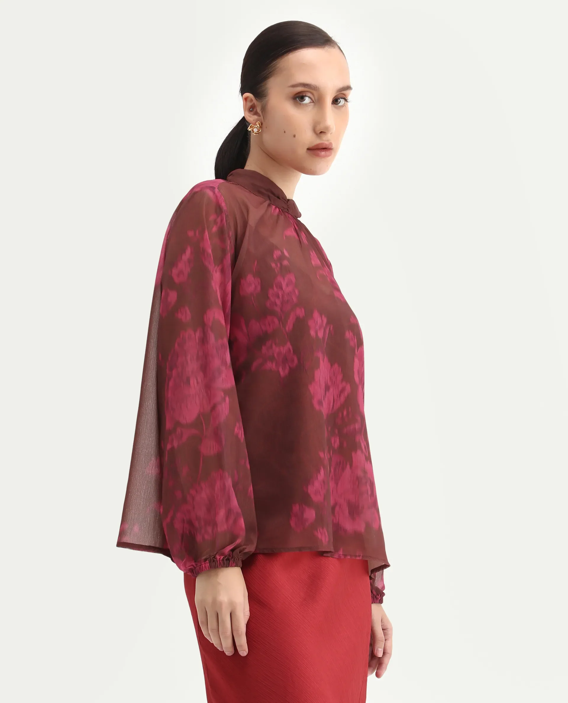 Rareism Women's Neho Brown Polyester Bishop Sleeve Band Collar Relaxed Fit Top - Image 7