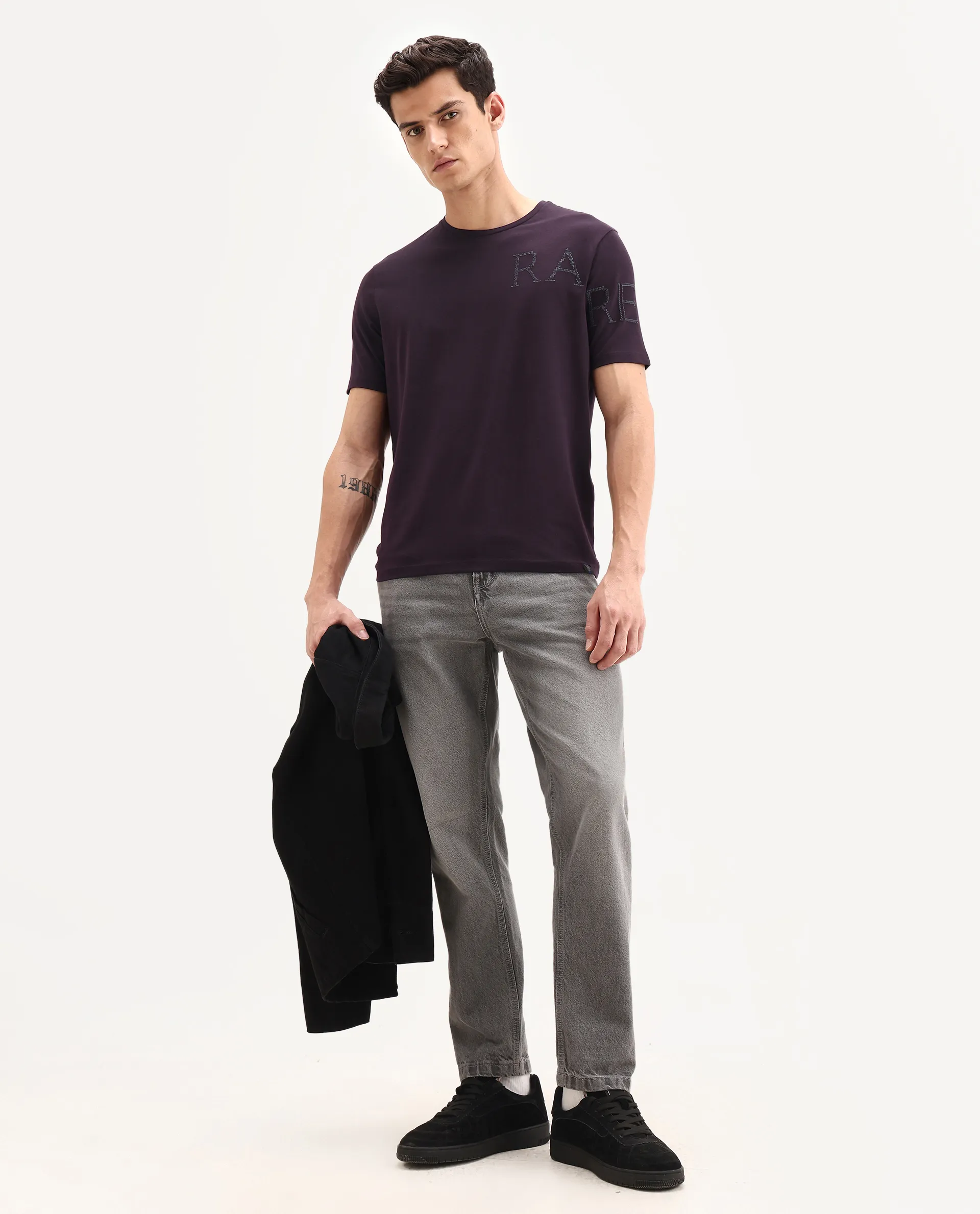 Rare Rabbit Men's Neilo-1 Dark Purple Cotton Embroidered Regular Fit Half Sleeve Crew Neck T-Shirt - Image 2