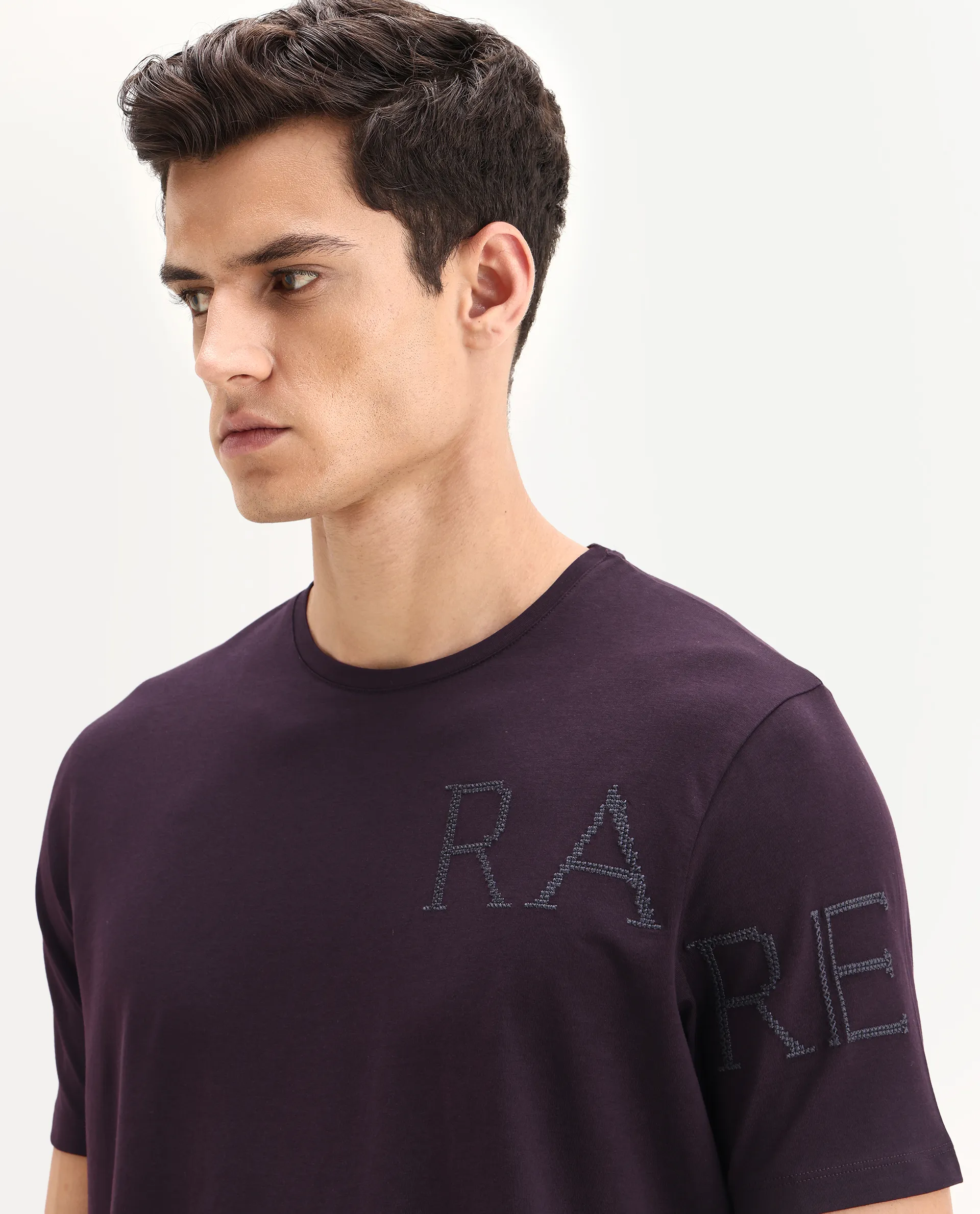 Rare Rabbit Men's Neilo-1 Dark Purple Cotton Embroidered Regular Fit Half Sleeve Crew Neck T-Shirt - Image 3