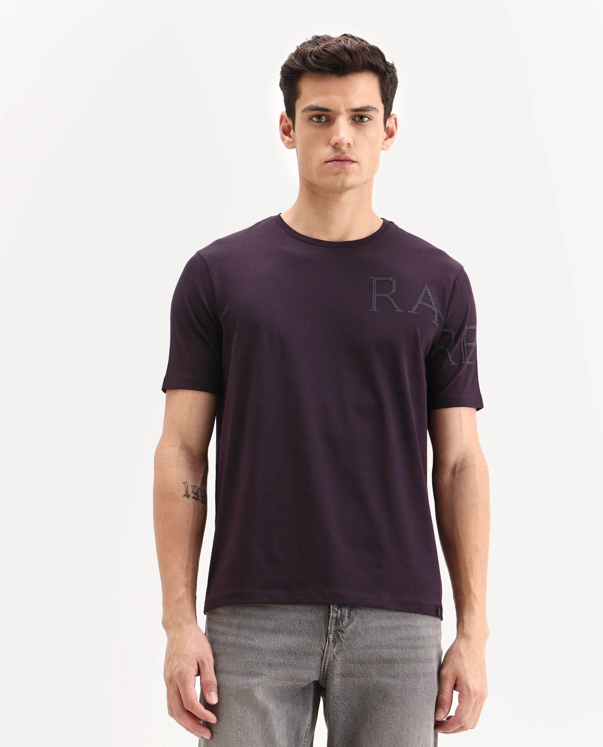 Rare Rabbit Men's Neilo-1 Dark Purple Cotton Embroidered Regular Fit Half Sleeve Crew Neck T-Shirt - Image 4