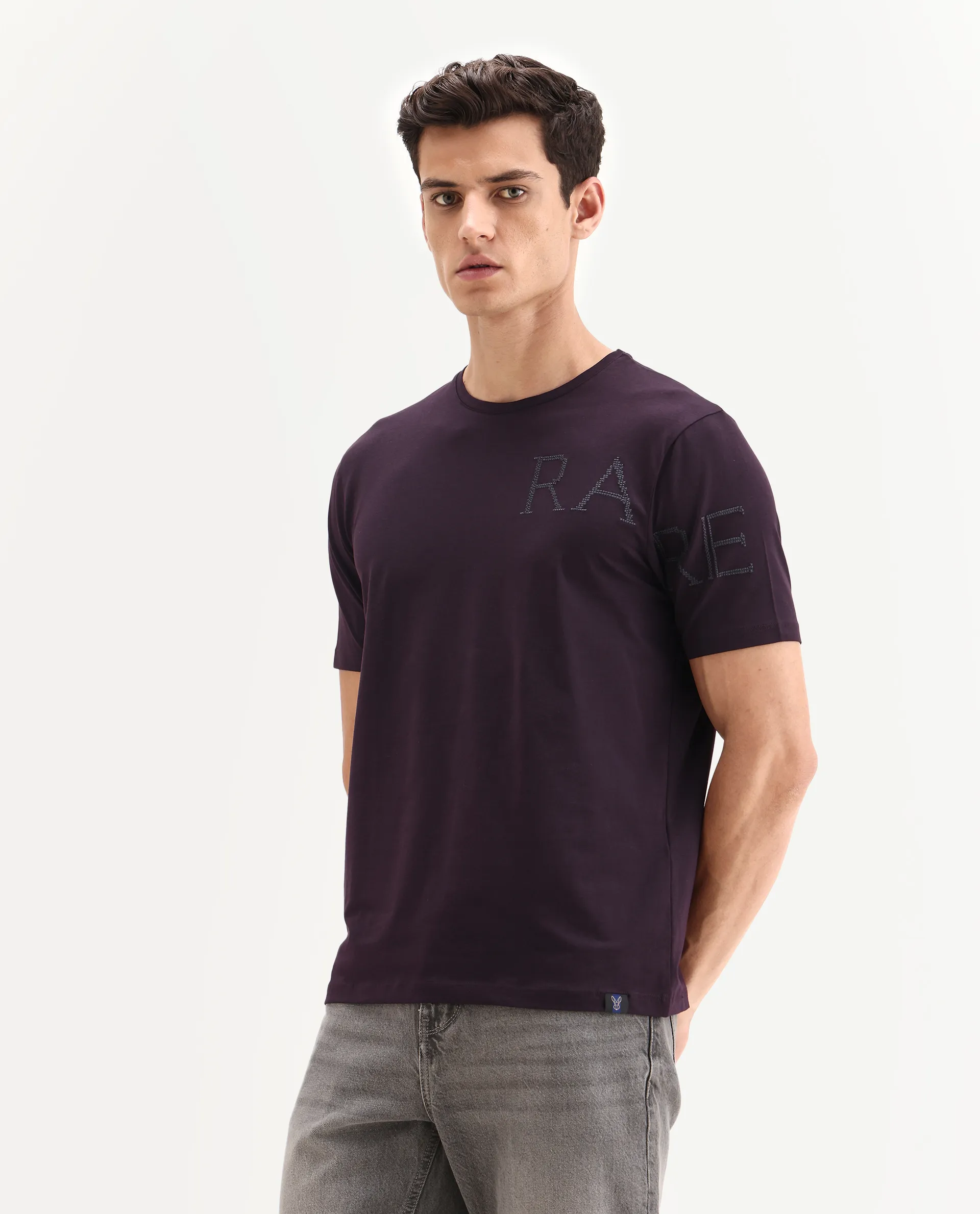 Rare Rabbit Men's Neilo-1 Dark Purple Cotton Embroidered Regular Fit Half Sleeve Crew Neck T-Shirt - Image 5
