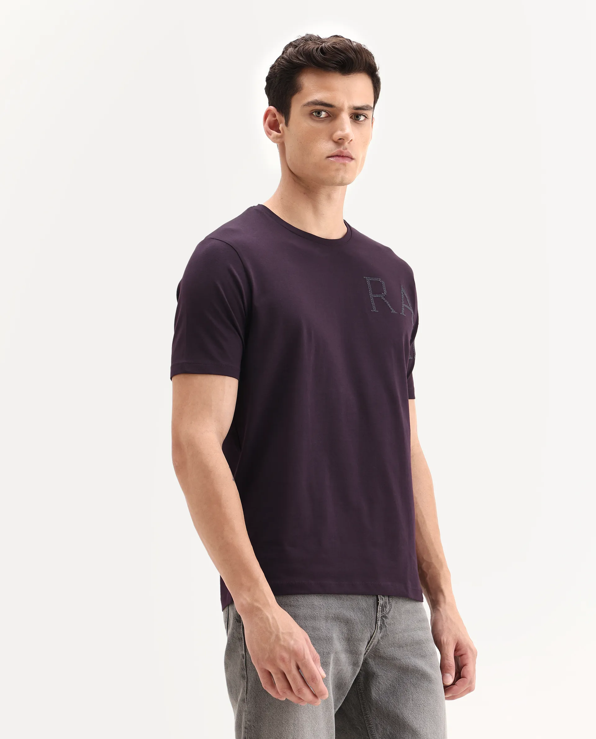 Rare Rabbit Men's Neilo-1 Dark Purple Cotton Embroidered Regular Fit Half Sleeve Crew Neck T-Shirt - Image 6