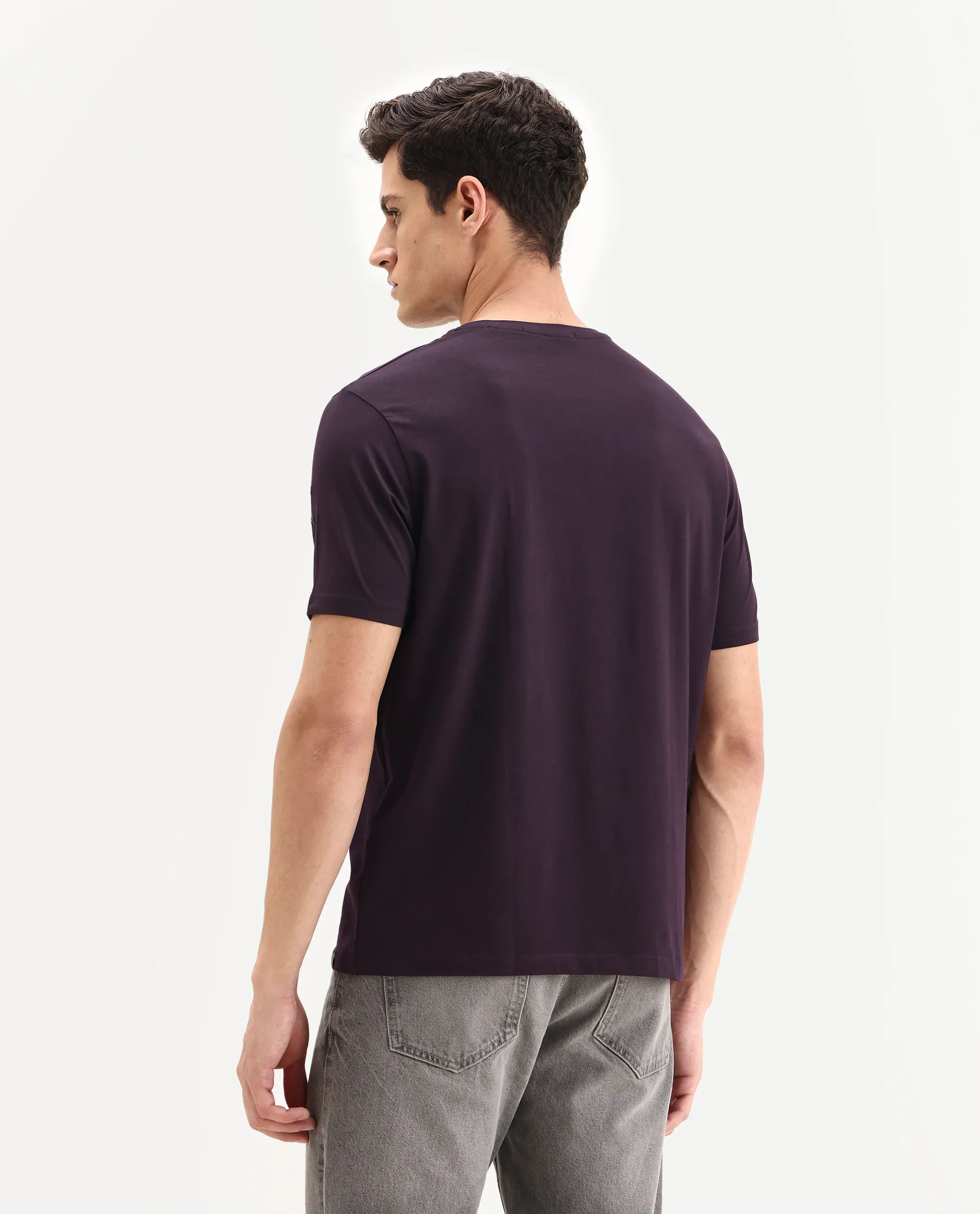 Rare Rabbit Men's Neilo-1 Dark Purple Cotton Embroidered Regular Fit Half Sleeve Crew Neck T-Shirt - Image 7