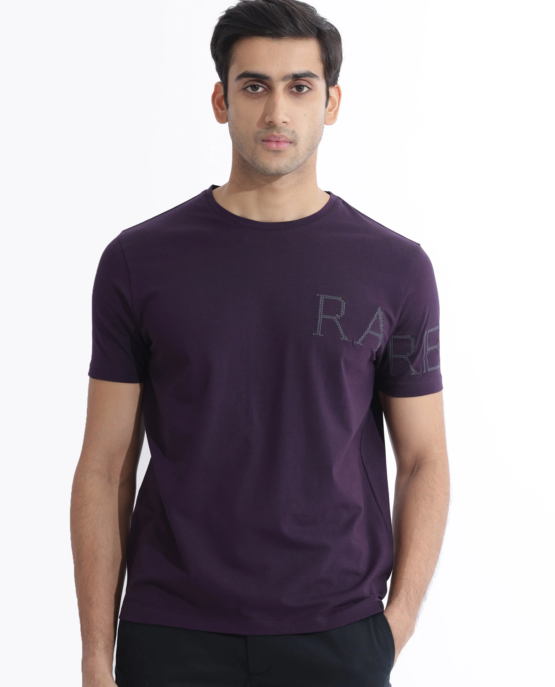 Rare Rabbit Men's Neilo Dark Purple Cotton Blend Embroidered Regular Fit Half Sleeve Crew Neck T-Shirt