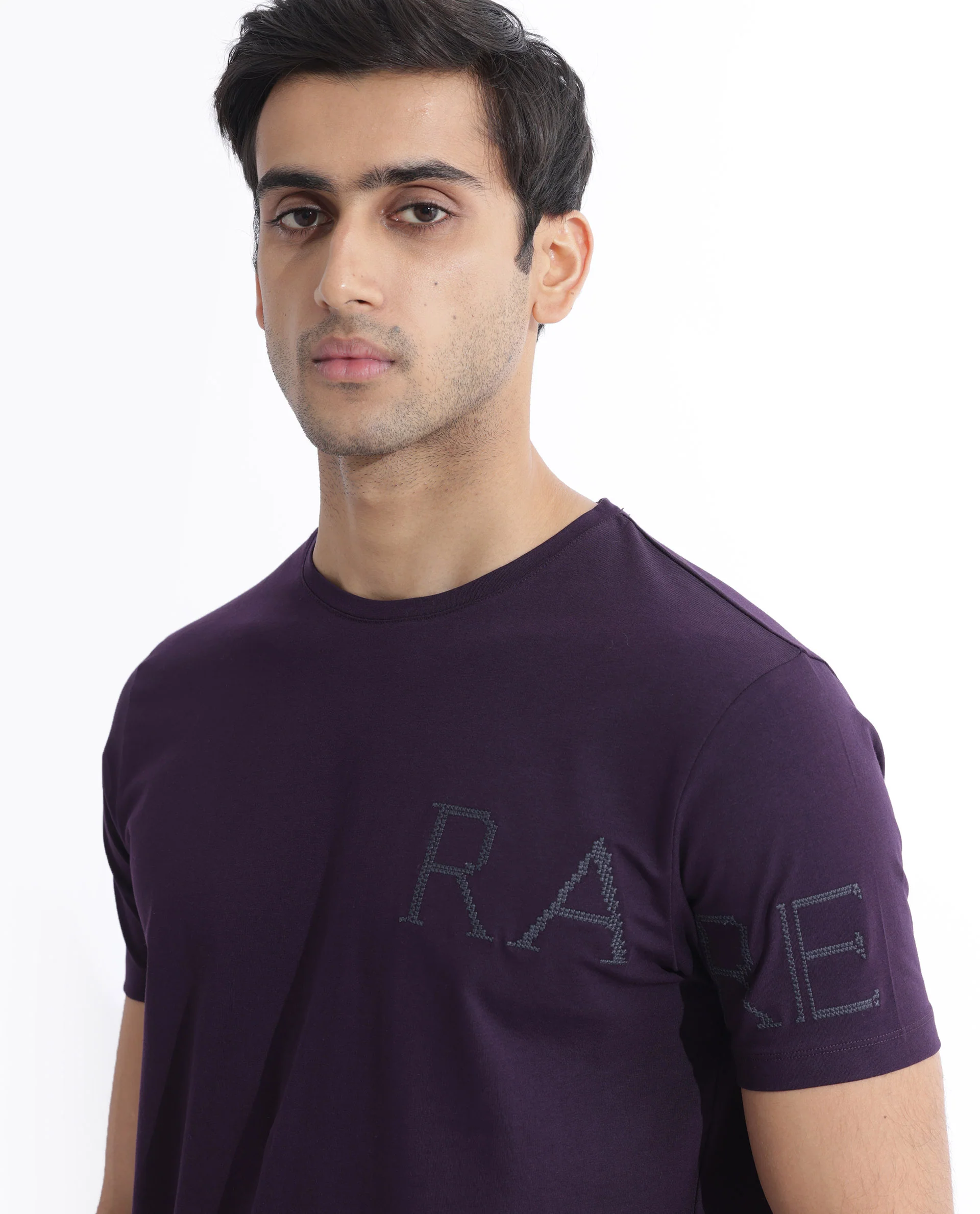 Rare Rabbit Men's Neilo Dark Purple Cotton Blend Embroidered Regular Fit Half Sleeve Crew Neck T-Shirt - Image 2