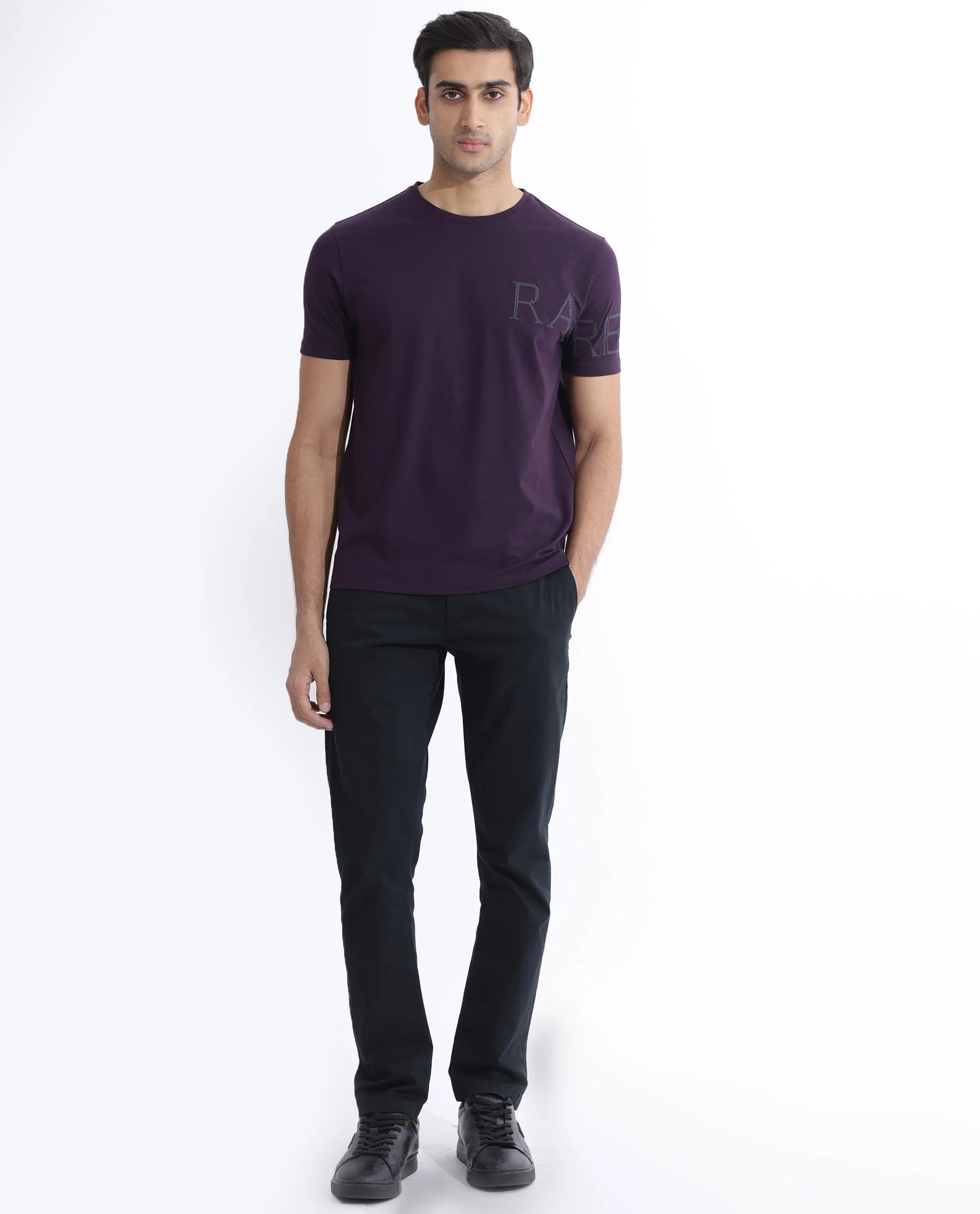 Rare Rabbit Men's Neilo Dark Purple Cotton Blend Embroidered Regular Fit Half Sleeve Crew Neck T-Shirt - Image 3