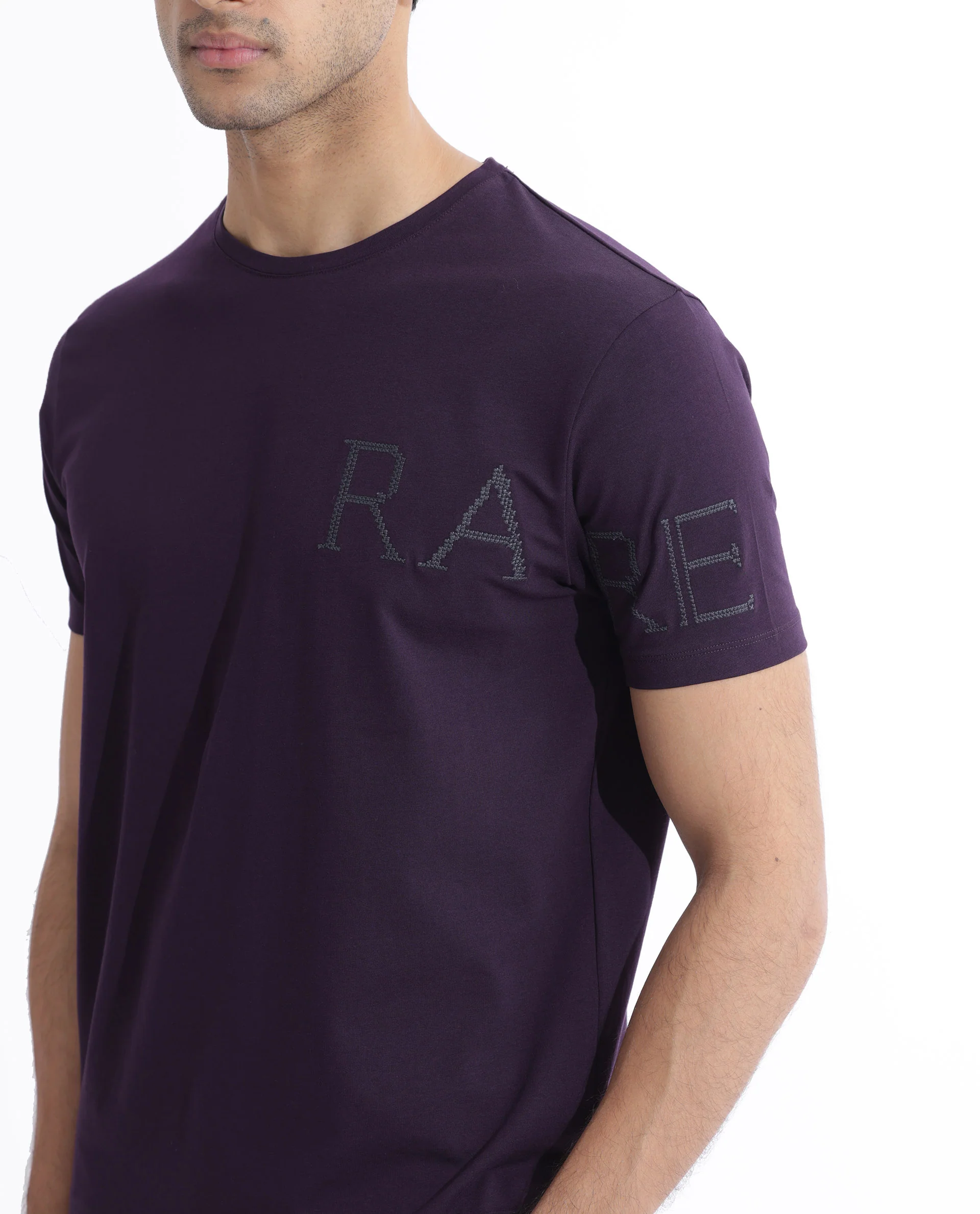 Rare Rabbit Men's Neilo Dark Purple Cotton Blend Embroidered Regular Fit Half Sleeve Crew Neck T-Shirt - Image 4