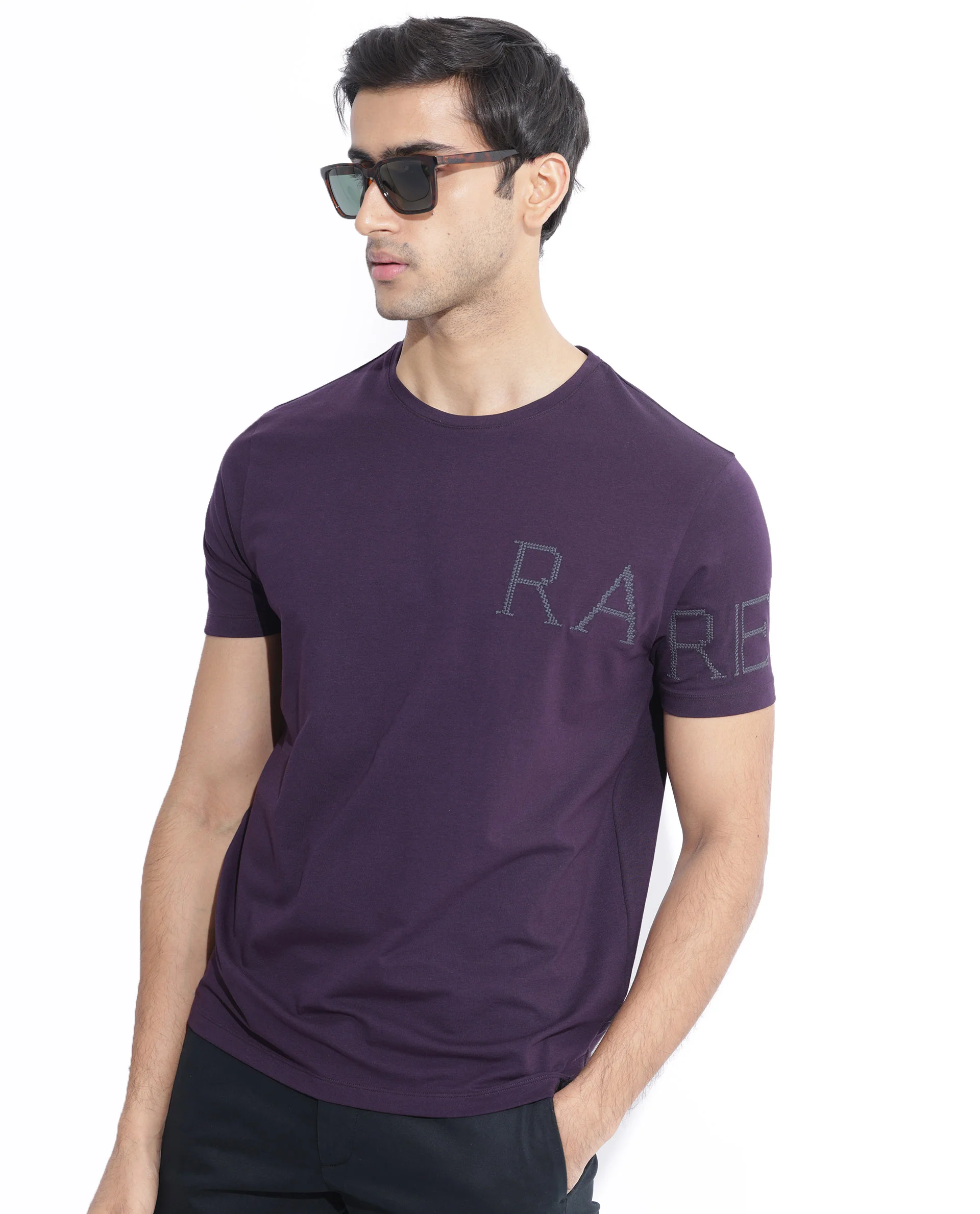 Rare Rabbit Men's Neilo Dark Purple Cotton Blend Embroidered Regular Fit Half Sleeve Crew Neck T-Shirt - Image 5