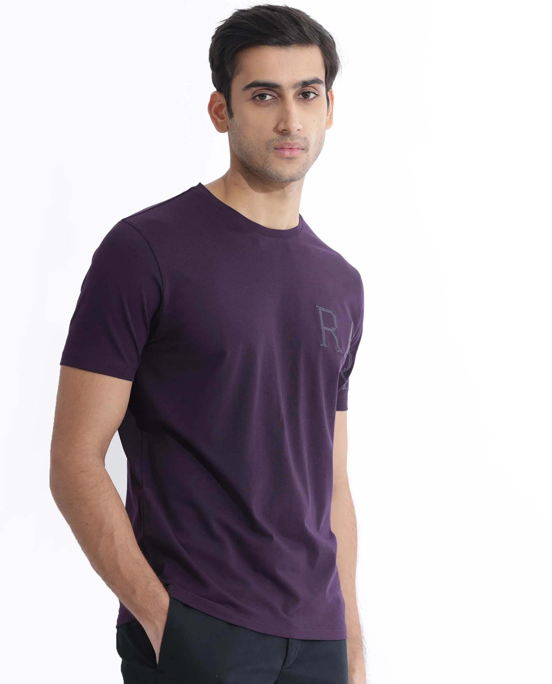 Rare Rabbit Men's Neilo Dark Purple Cotton Blend Embroidered Regular Fit Half Sleeve Crew Neck T-Shirt - Image 6