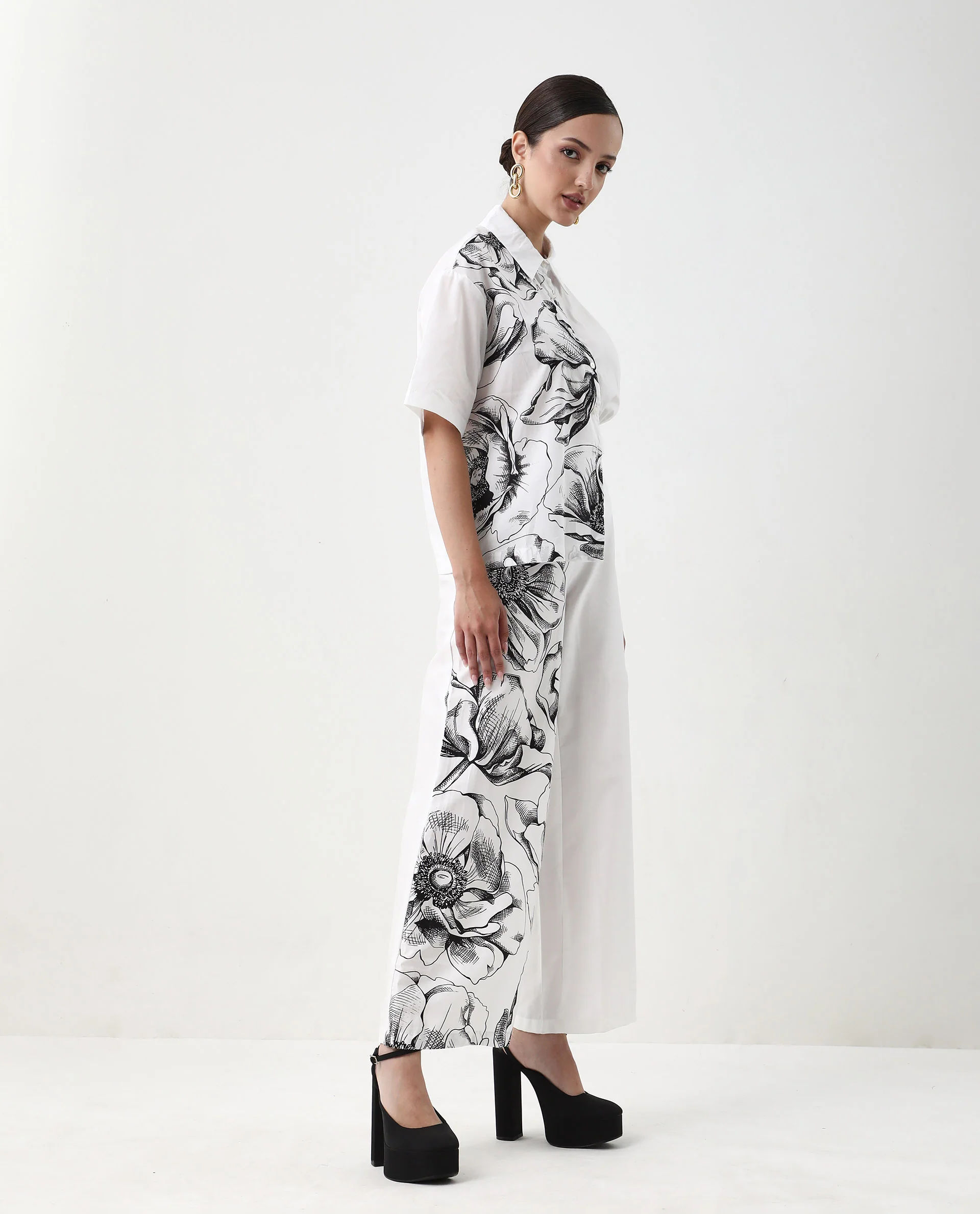 Rareism Women's Neilsono White Cotton Blend Floral Print Ankle Length Flared Trouser - Image 6