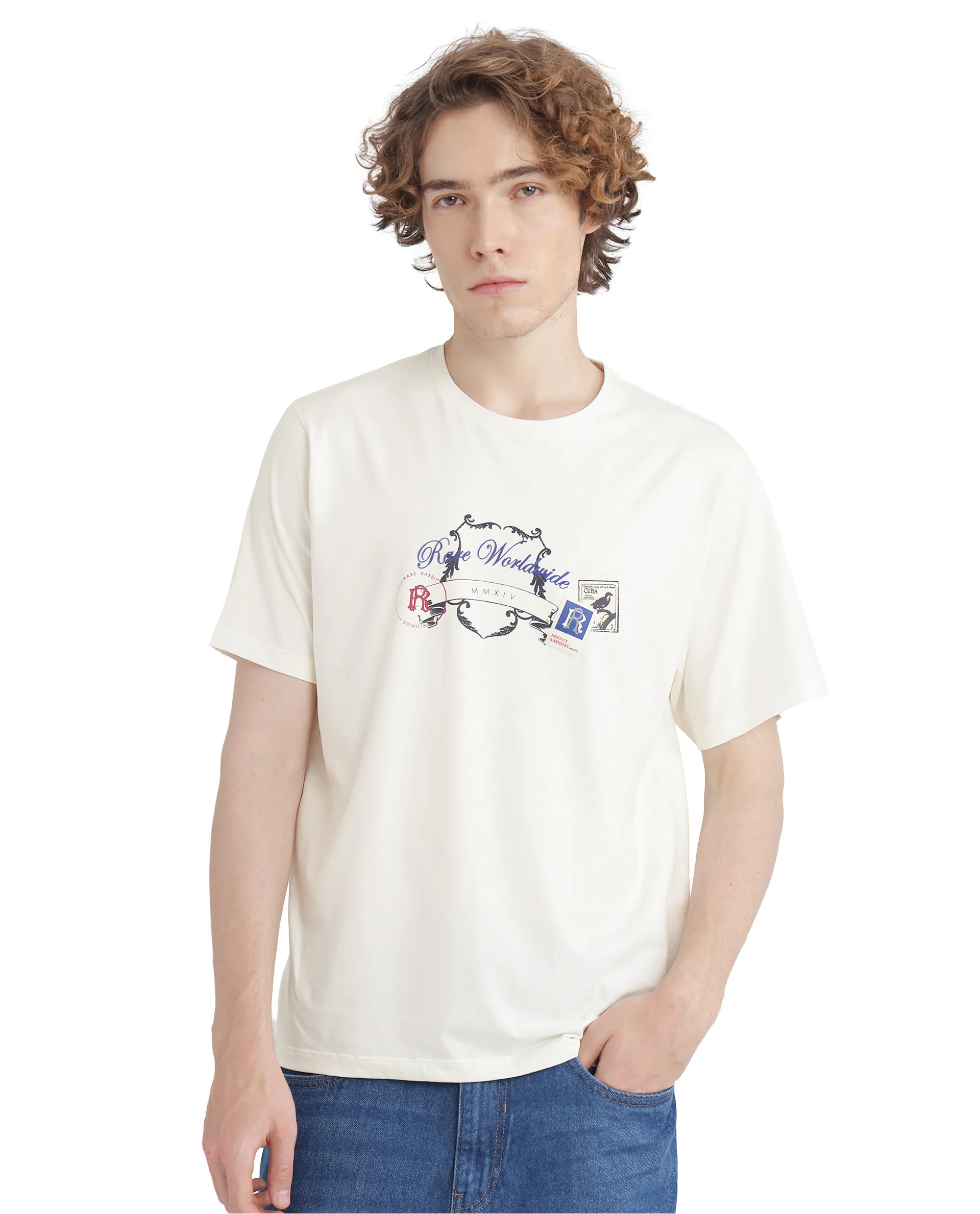 Rare Rabbit Men's Neko Off White Cotton Blend Graphic Print Regular Fit Half Sleeve Crew Neck T-Shirt - Image 2