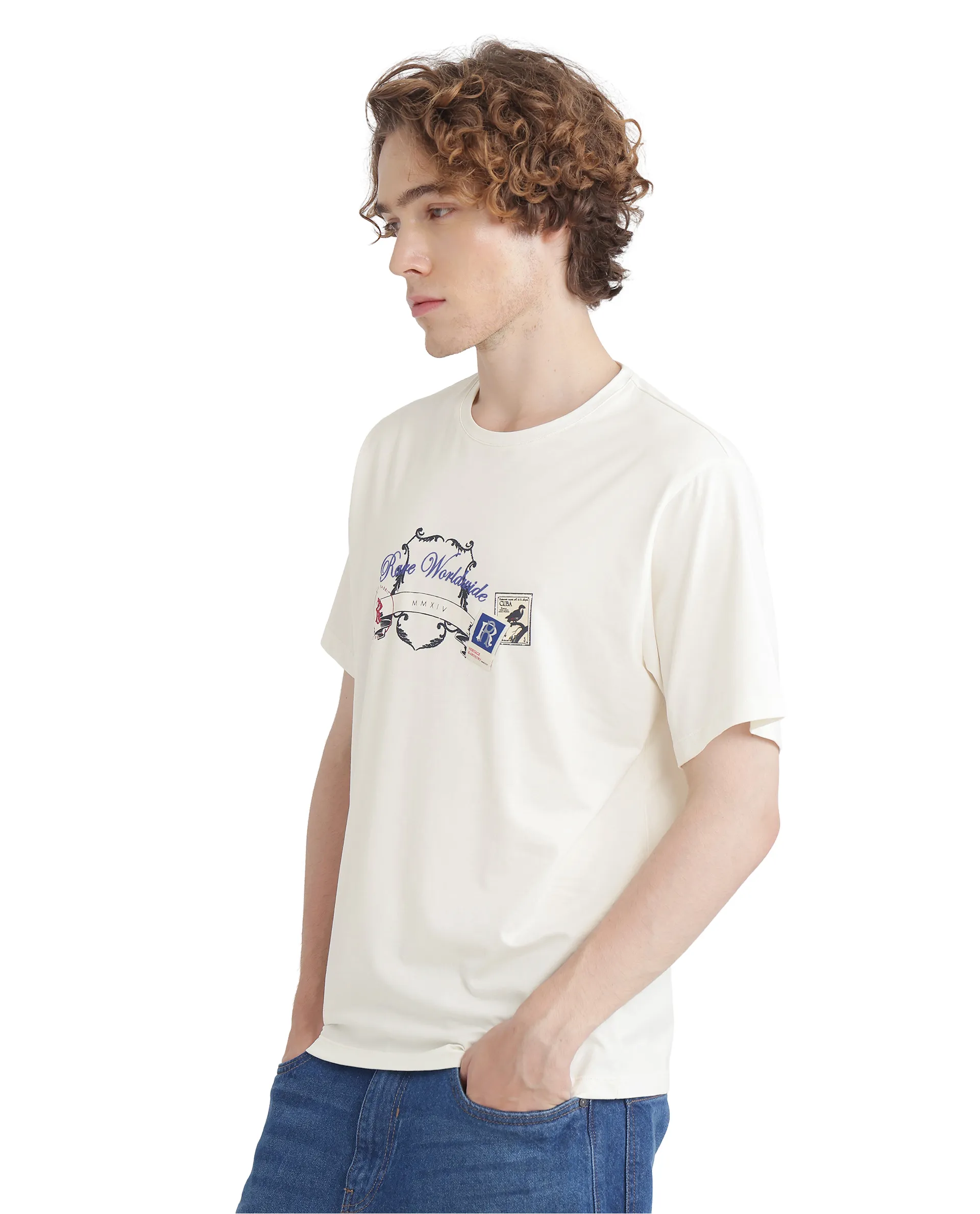 Rare Rabbit Men's Neko Off White Cotton Blend Graphic Print Regular Fit Half Sleeve Crew Neck T-Shirt - Image 3