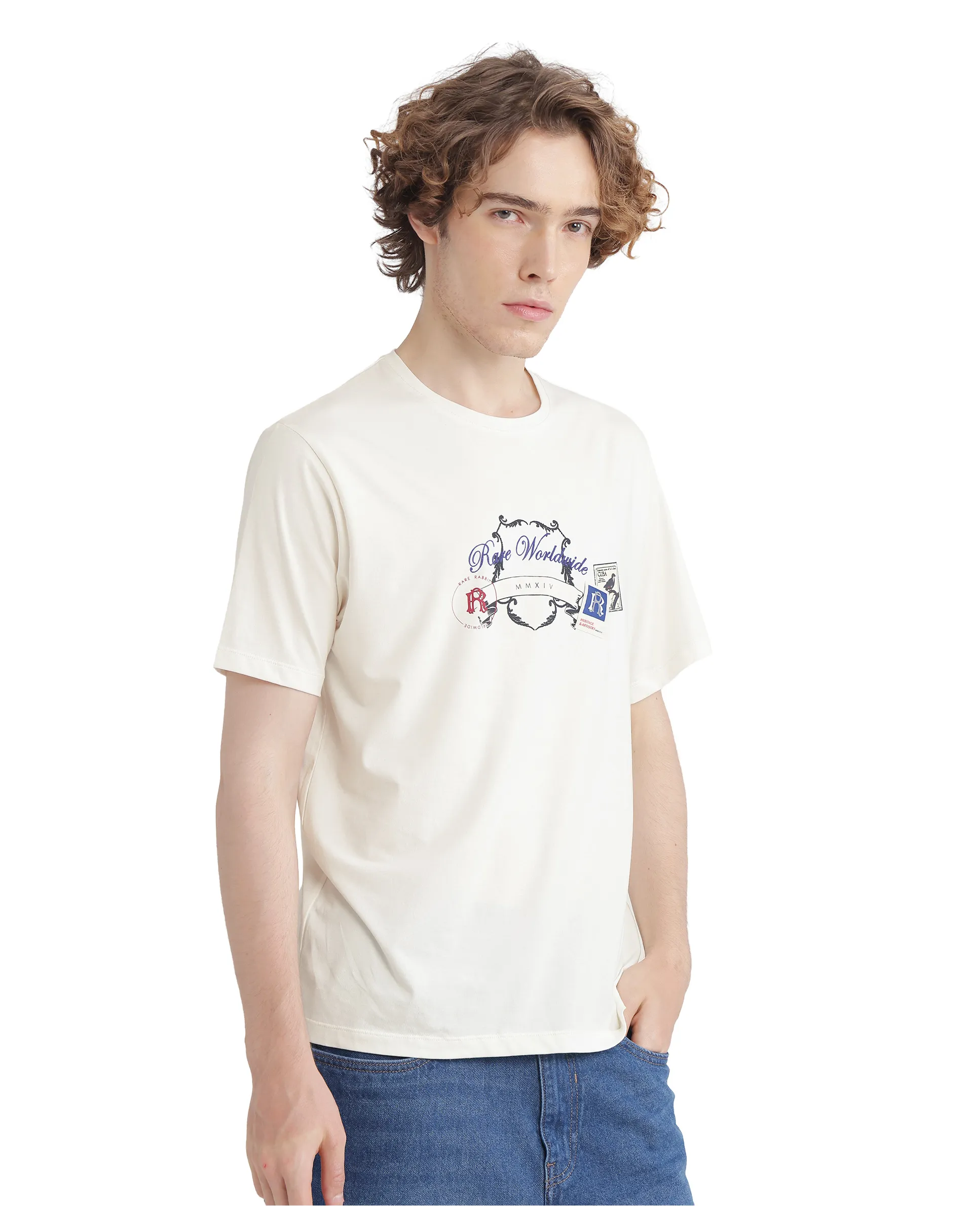 Rare Rabbit Men's Neko Off White Cotton Blend Graphic Print Regular Fit Half Sleeve Crew Neck T-Shirt - Image 4