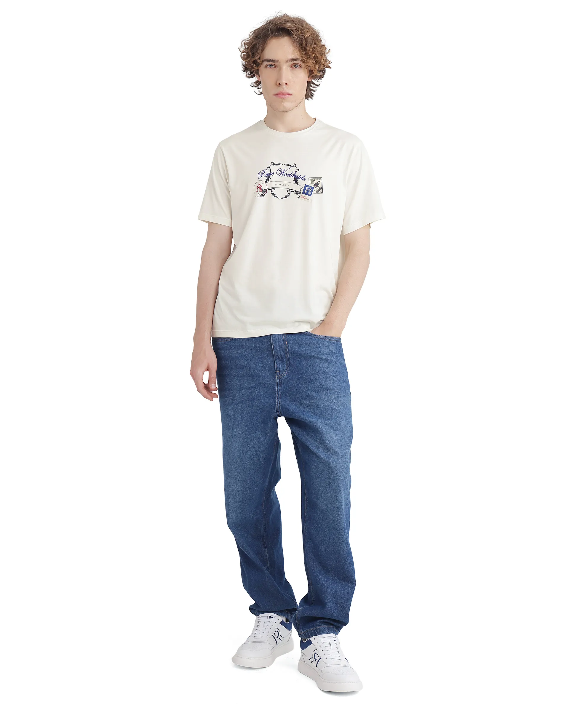 Rare Rabbit Men's Neko Off White Cotton Blend Graphic Print Regular Fit Half Sleeve Crew Neck T-Shirt - Image 6