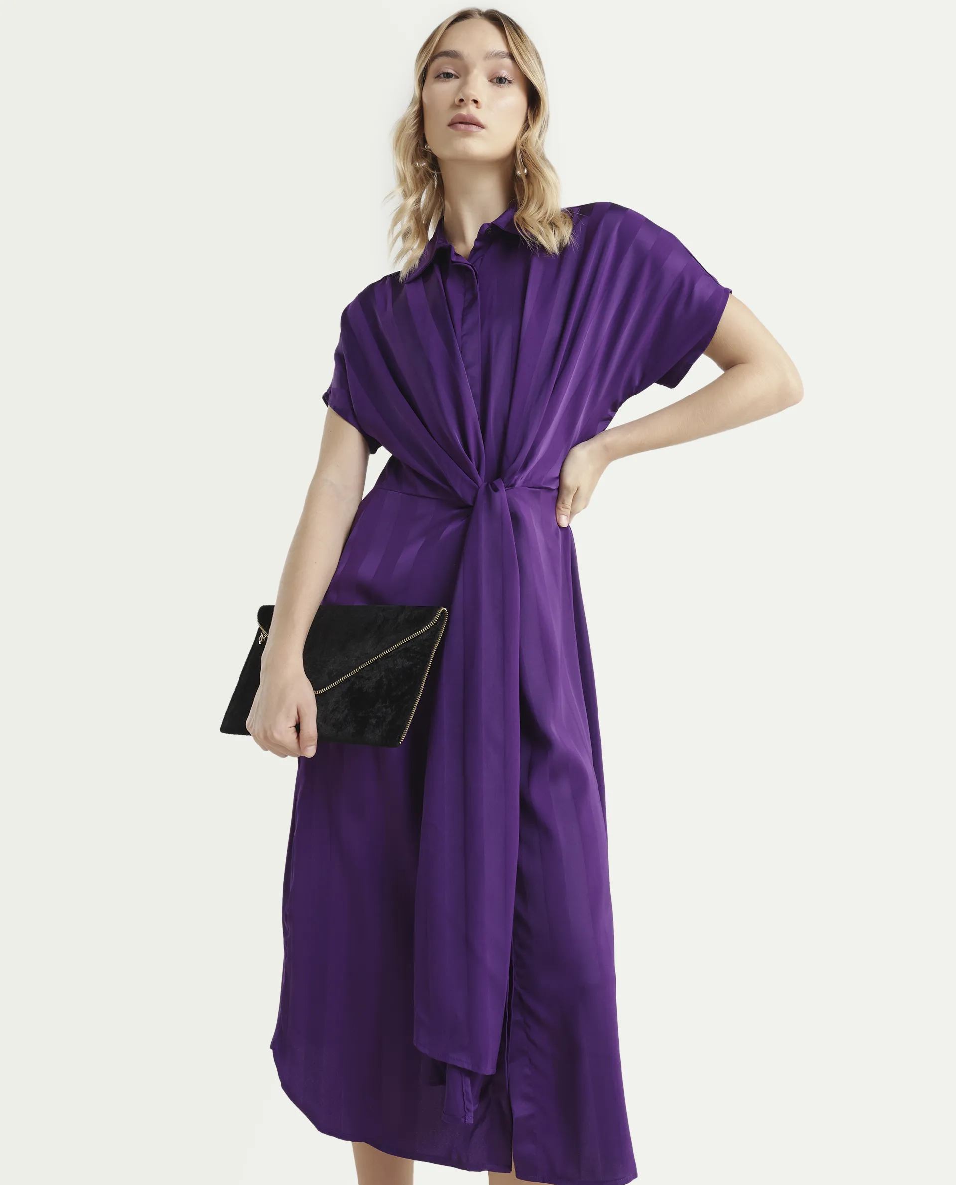 Rareism Women's Nekop Dark Purple Polyester Spread Collar Striped Knee Length Regular Fit Dress