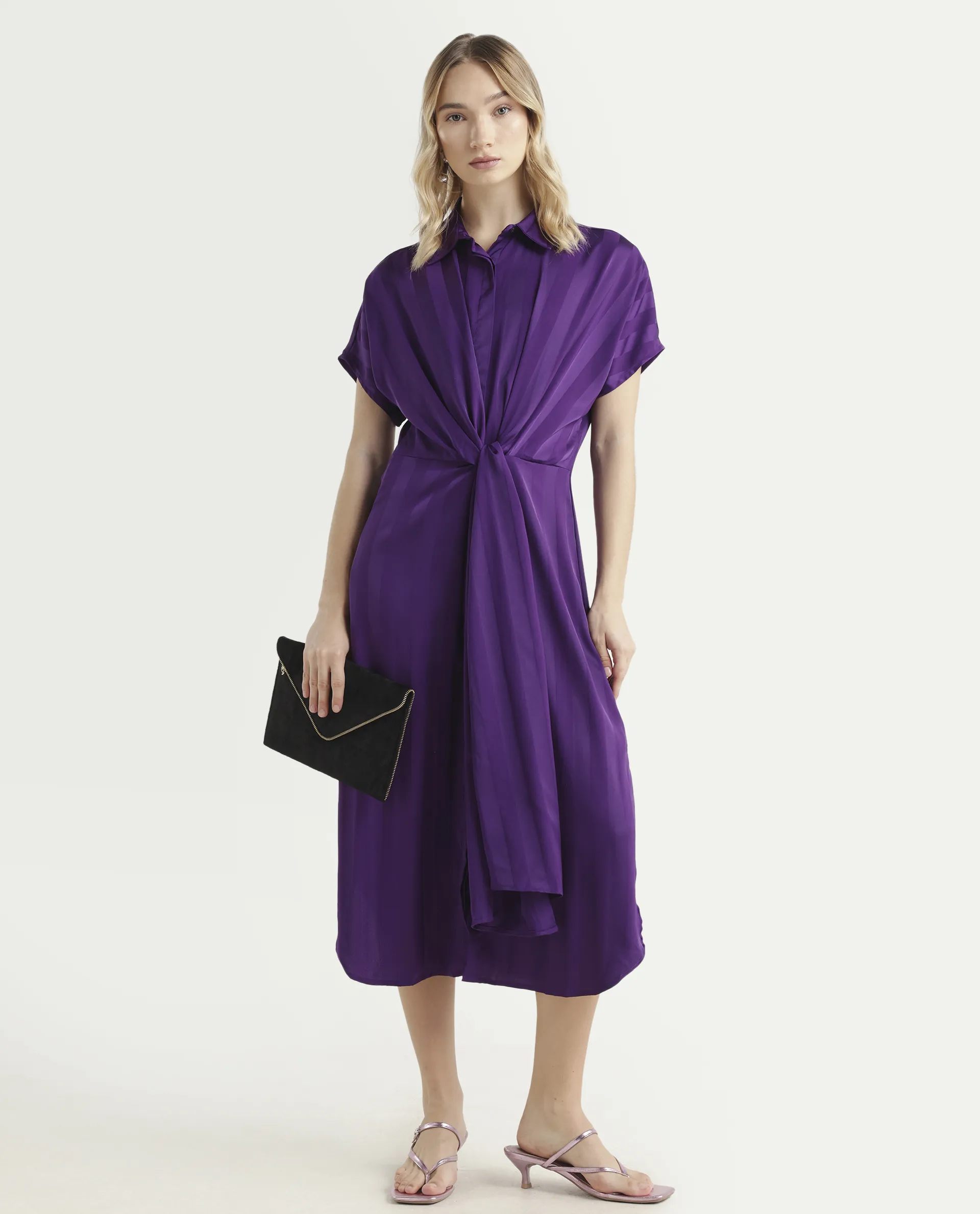 Rareism Women's Nekop Dark Purple Polyester Spread Collar Striped Knee Length Regular Fit Dress - Image 2