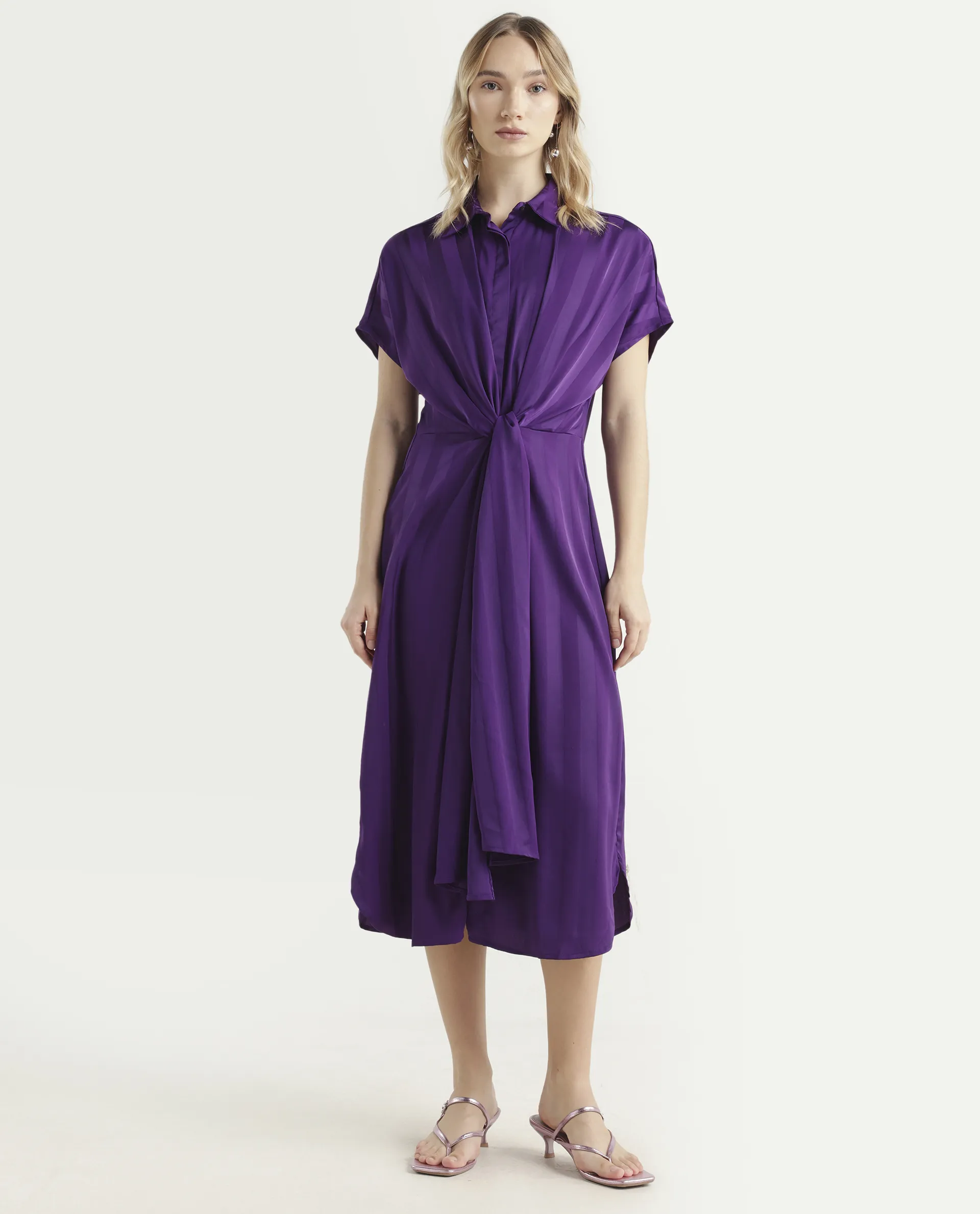 Rareism Women's Nekop Dark Purple Polyester Spread Collar Striped Knee Length Regular Fit Dress - Image 3