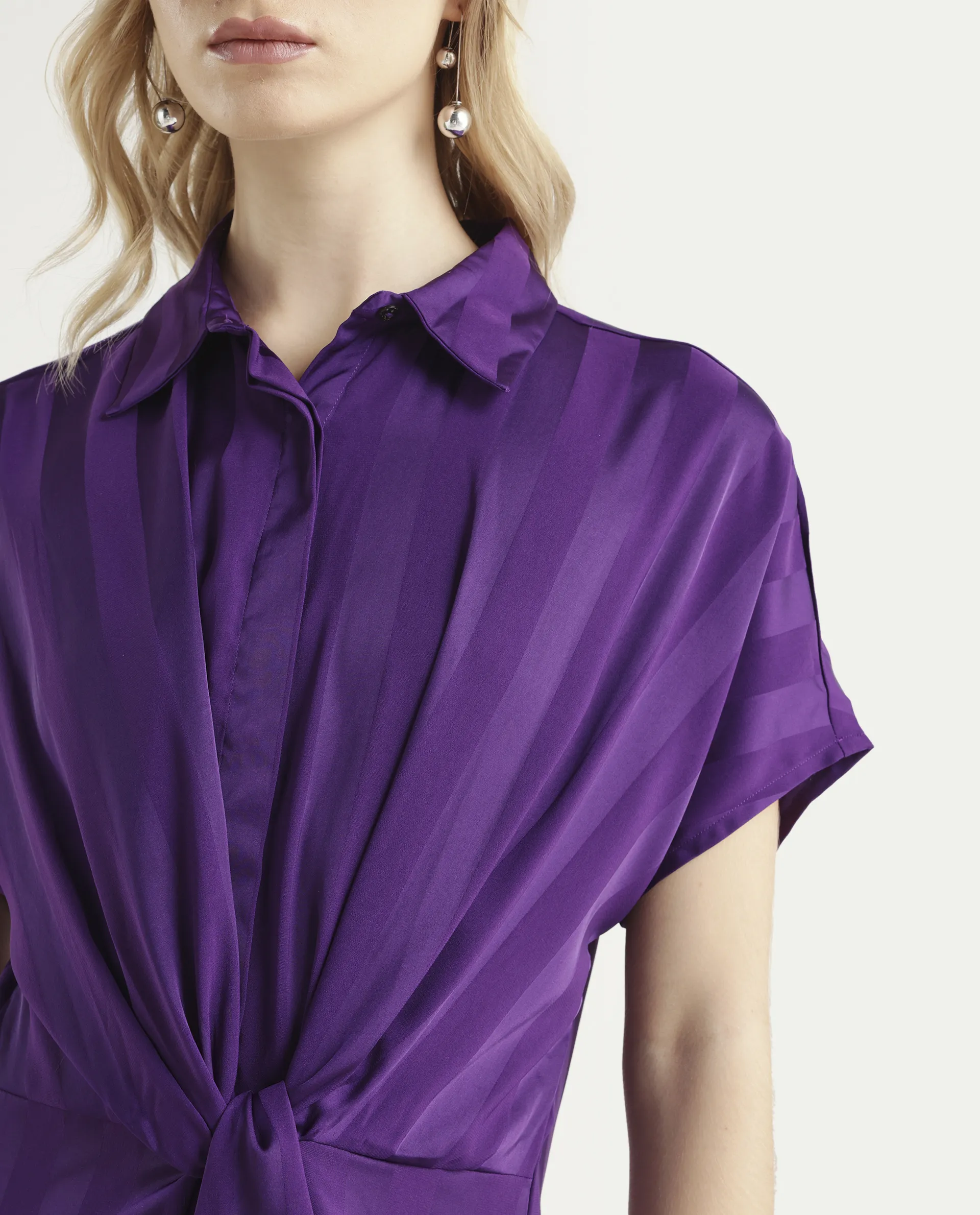 Rareism Women's Nekop Dark Purple Polyester Spread Collar Striped Knee Length Regular Fit Dress - Image 4