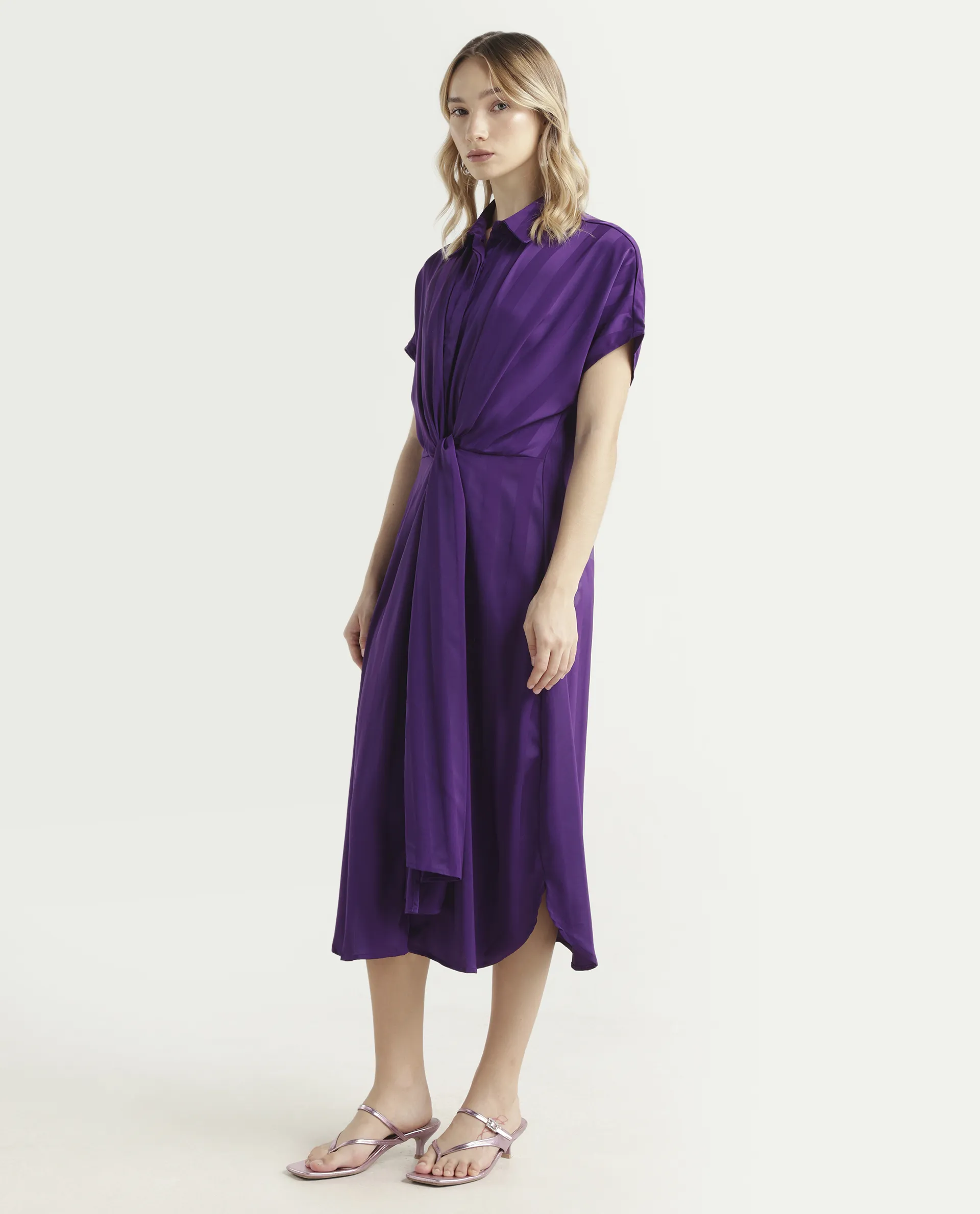 Rareism Women's Nekop Dark Purple Polyester Spread Collar Striped Knee Length Regular Fit Dress - Image 5