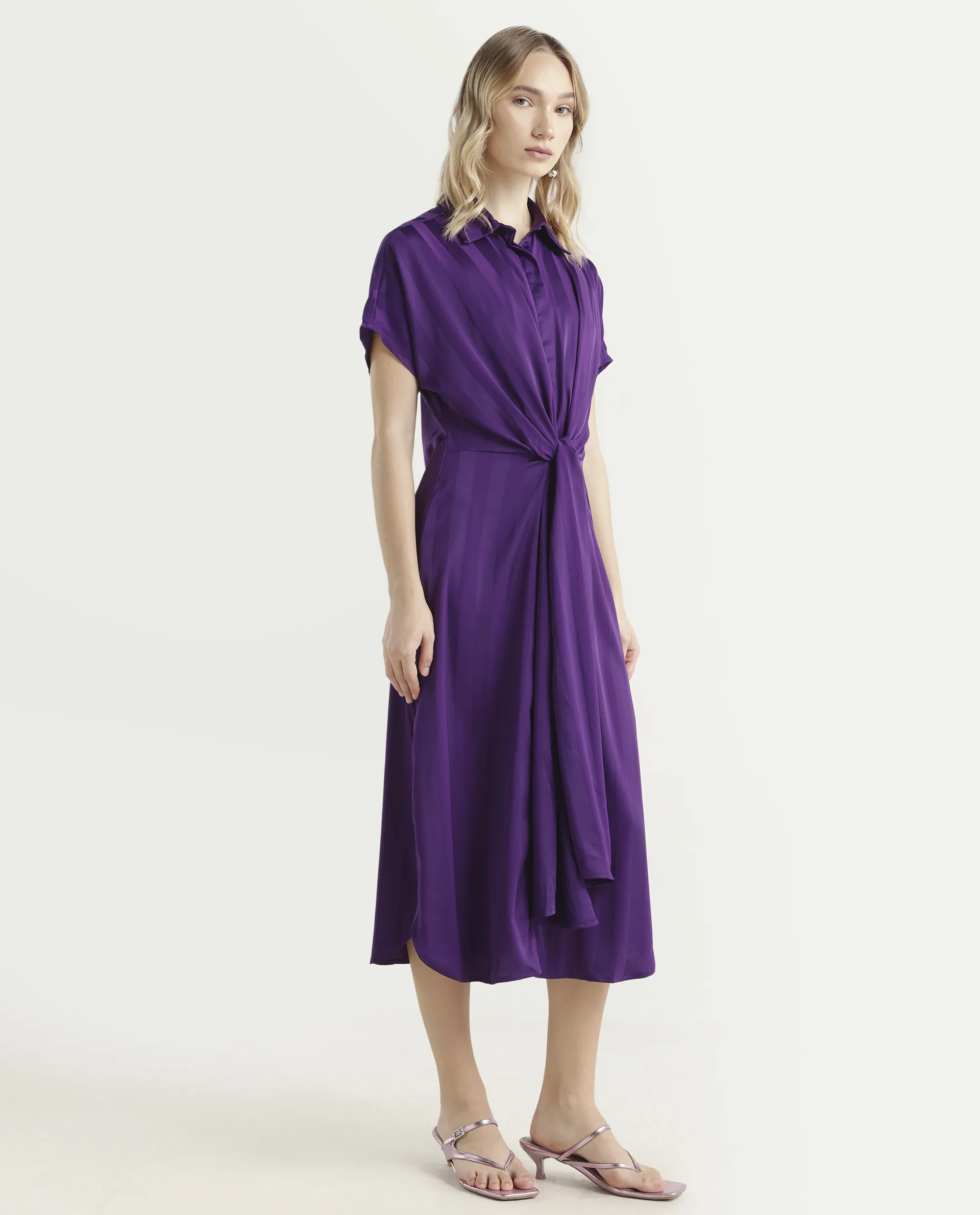 Rareism Women's Nekop Dark Purple Polyester Spread Collar Striped Knee Length Regular Fit Dress - Image 6