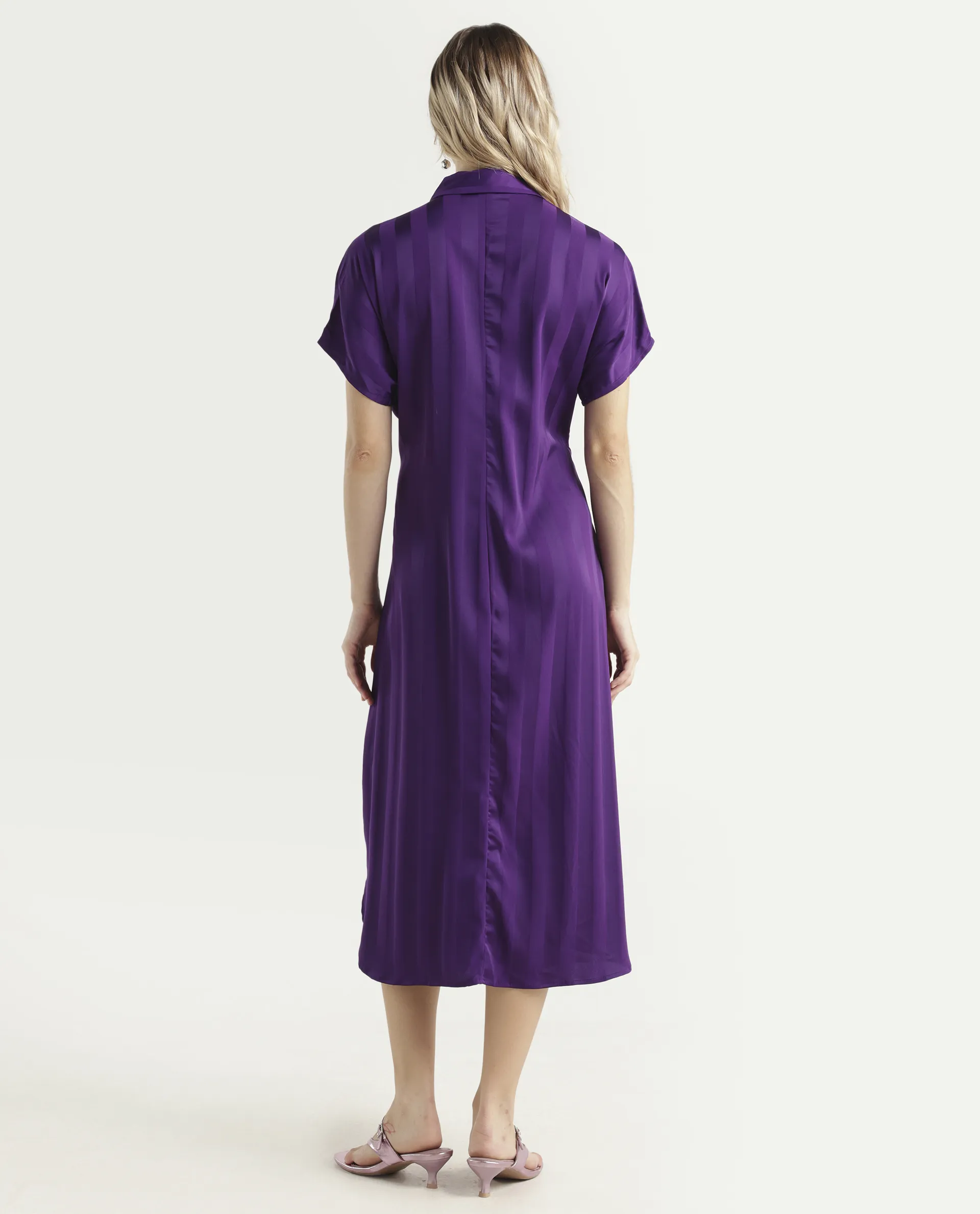 Rareism Women's Nekop Dark Purple Polyester Spread Collar Striped Knee Length Regular Fit Dress - Image 7