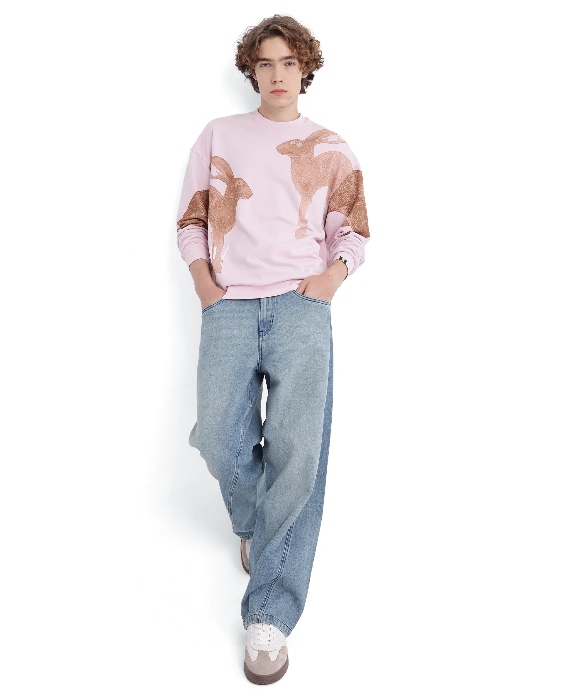 Rare Rabbit Men's Nellei Light Pink Cotton Blend Animal Print Boxy Fit Full Sleeve Crew Neck Sweatshirt - Image 2
