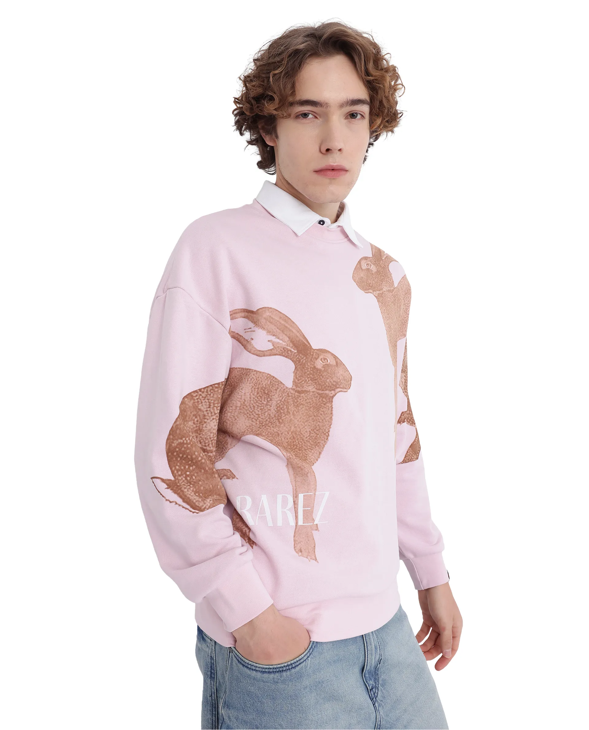 Rare Rabbit Men's Nellei Light Pink Cotton Blend Animal Print Boxy Fit Full Sleeve Crew Neck Sweatshirt - Image 3