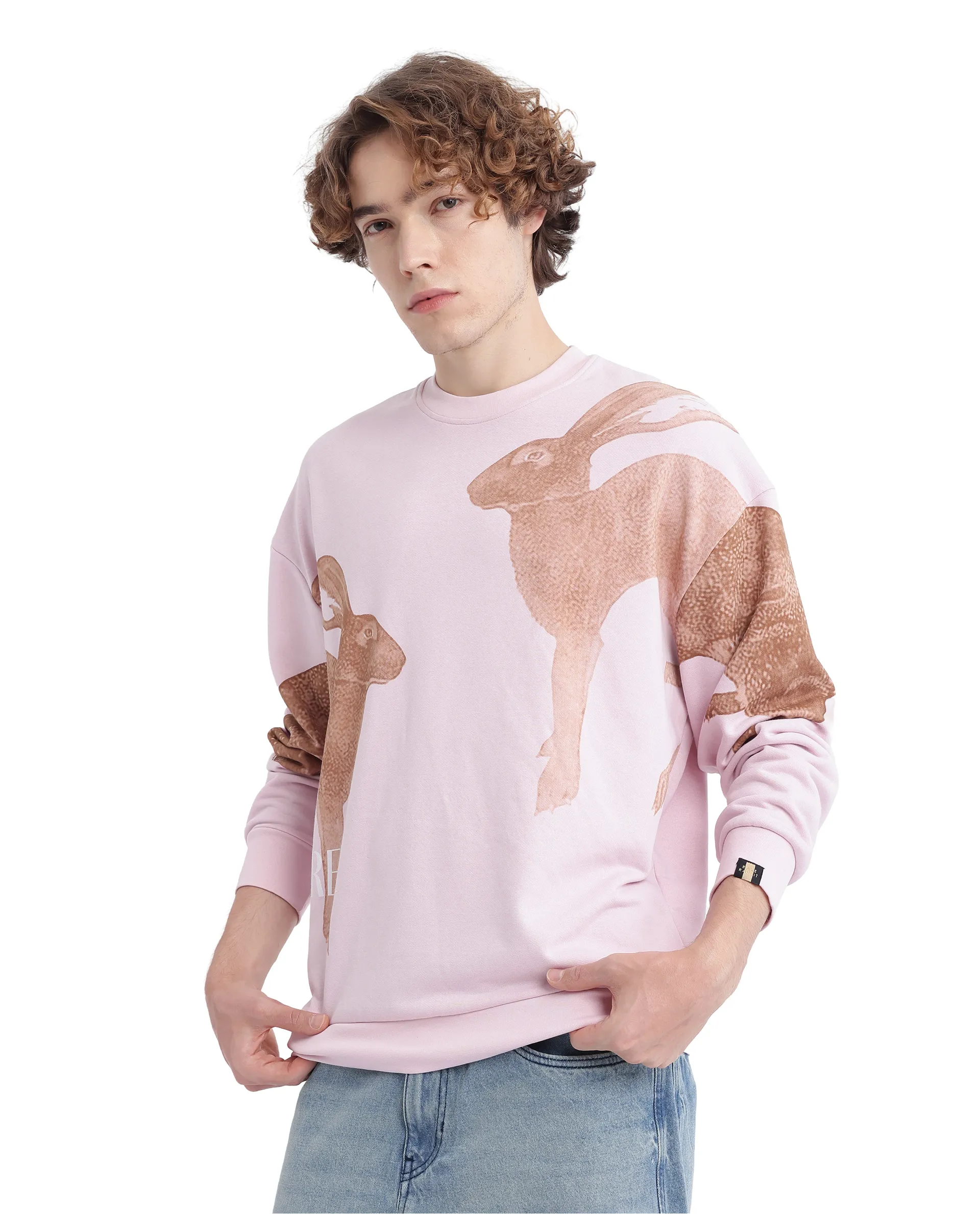 Rare Rabbit Men's Nellei Light Pink Cotton Blend Animal Print Boxy Fit Full Sleeve Crew Neck Sweatshirt - Image 6