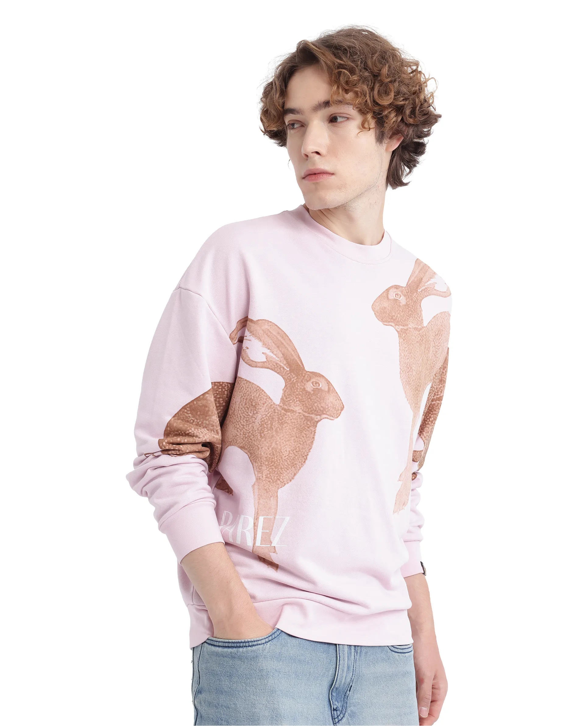 Rare Rabbit Men's Nellei Light Pink Cotton Blend Animal Print Boxy Fit Full Sleeve Crew Neck Sweatshirt - Image 8