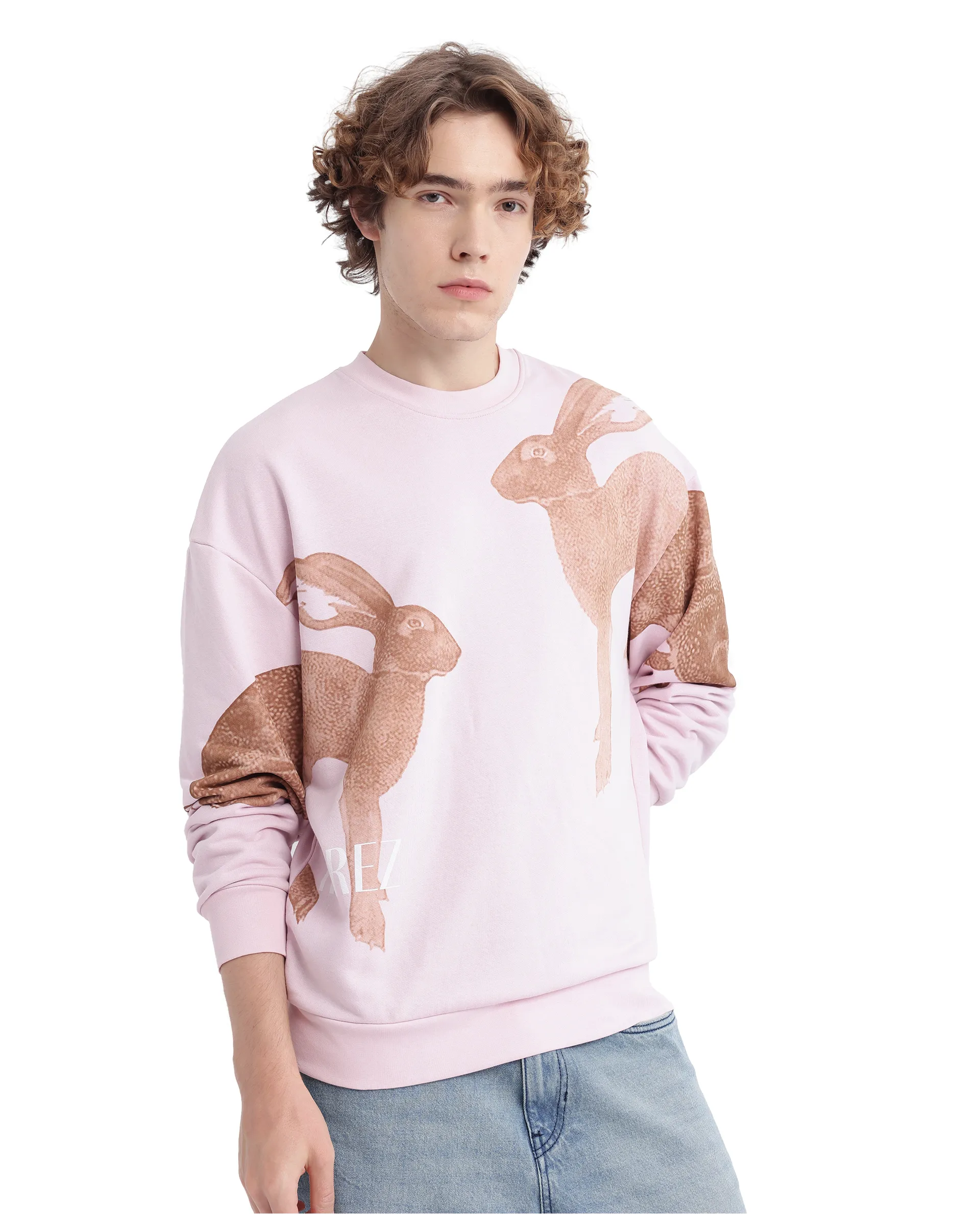Rare Rabbit Men's Nellei Light Pink Cotton Blend Animal Print Boxy Fit Full Sleeve Crew Neck Sweatshirt - Image 9