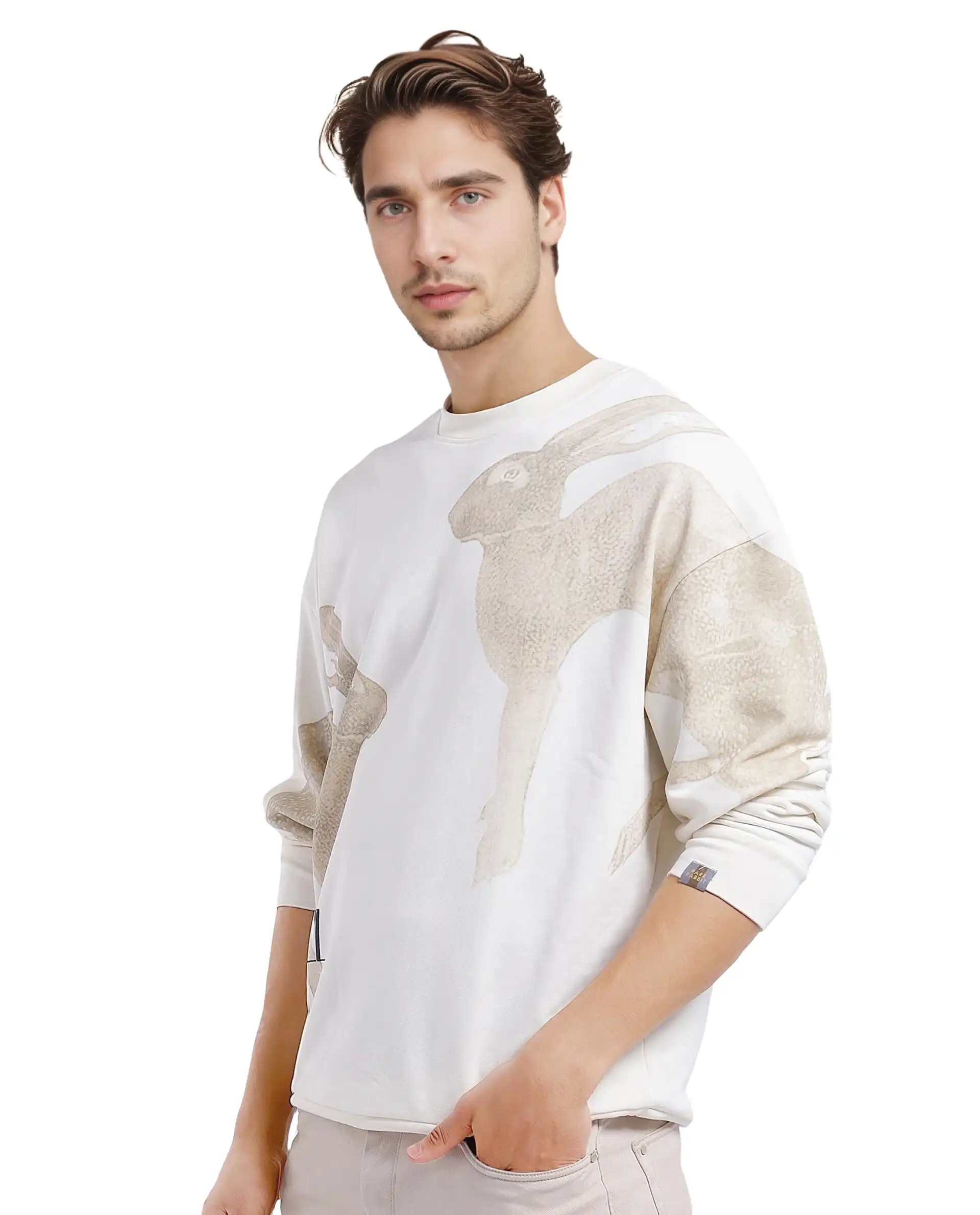 Rare Rabbit Men's Nellei Off White Cotton Animal Print Boxy Fit Full Sleeve Crew Neck Sweatshirt