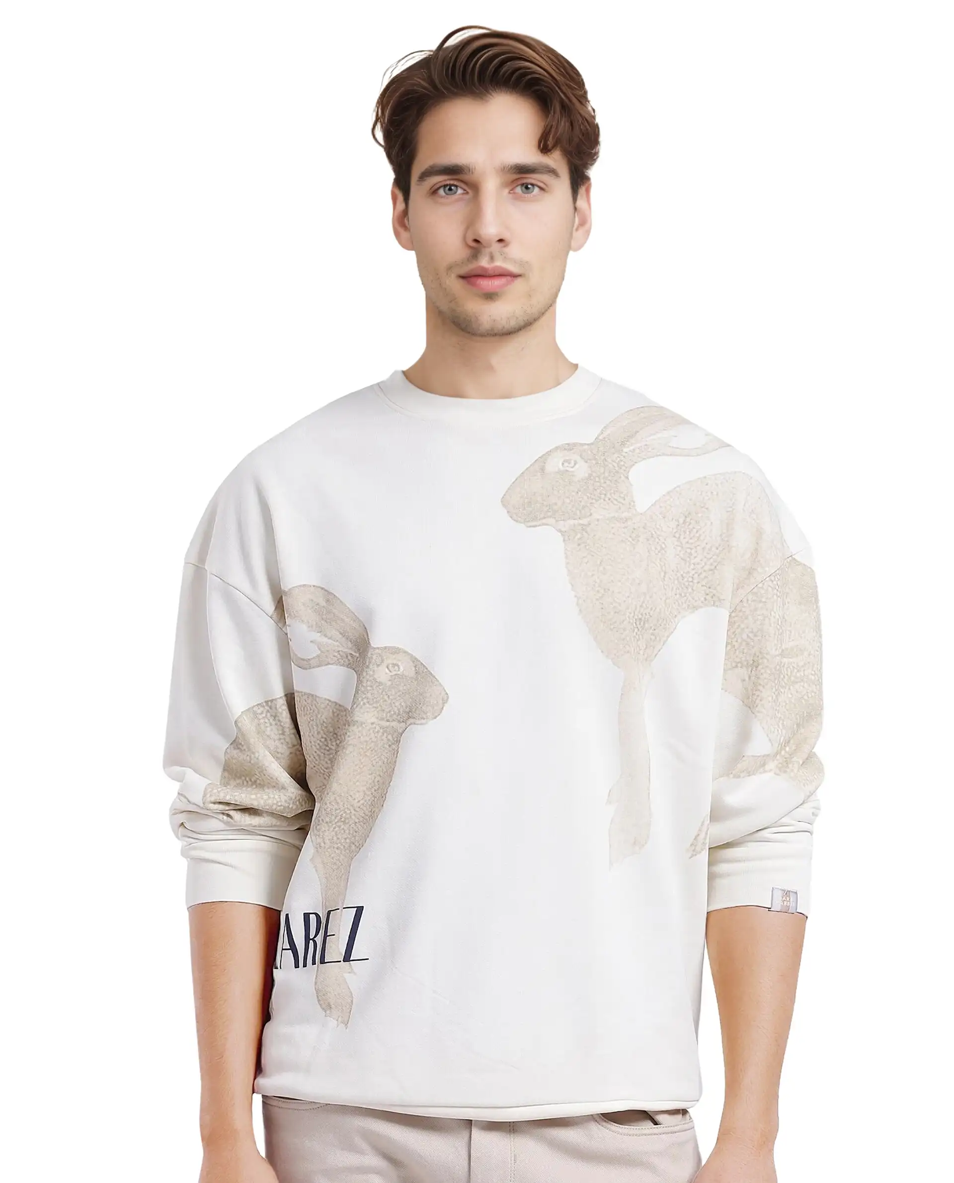 Rare Rabbit Men's Nellei Off White Cotton Animal Print Boxy Fit Full Sleeve Crew Neck Sweatshirt - Image 2