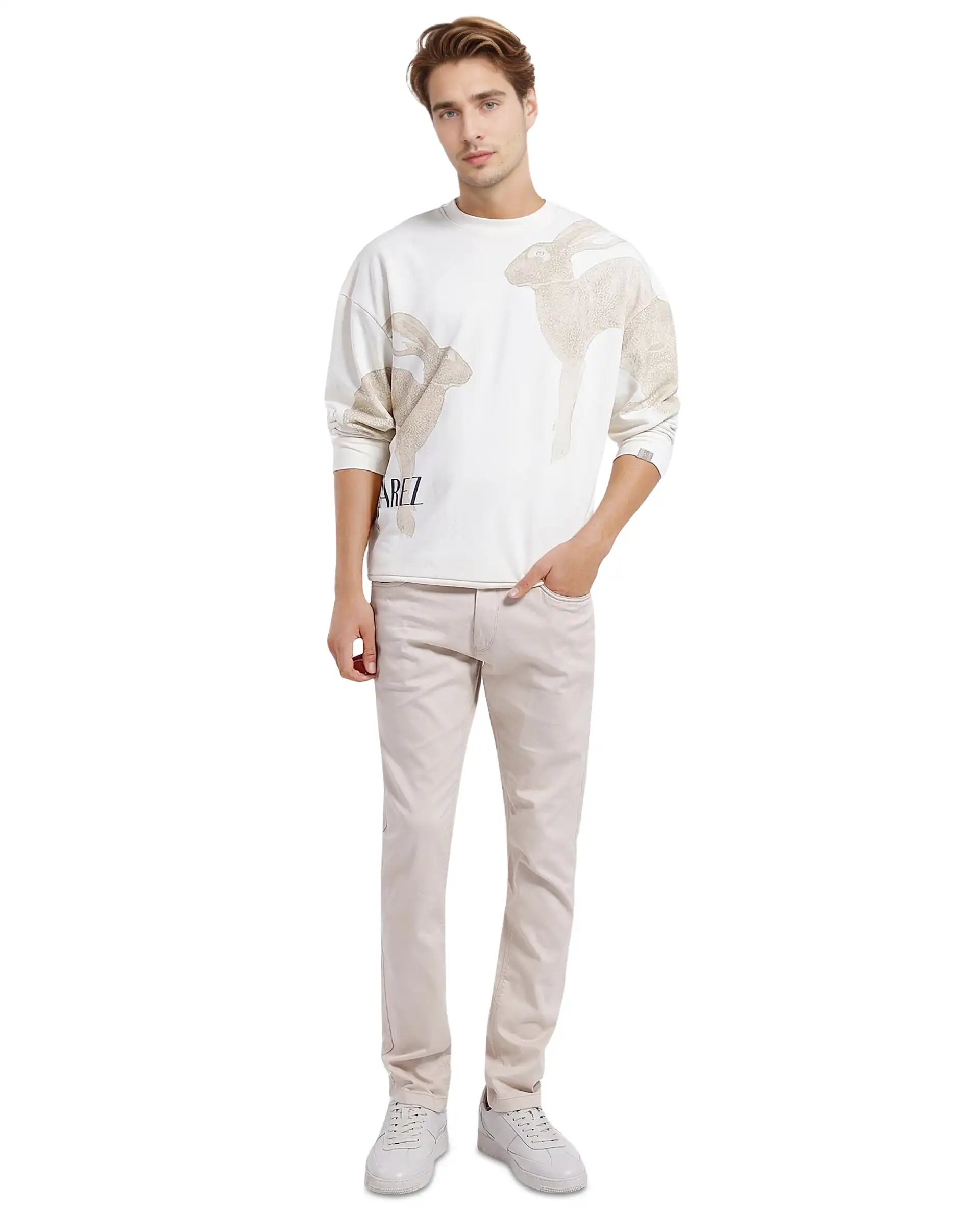 Rare Rabbit Men's Nellei Off White Cotton Animal Print Boxy Fit Full Sleeve Crew Neck Sweatshirt - Image 4