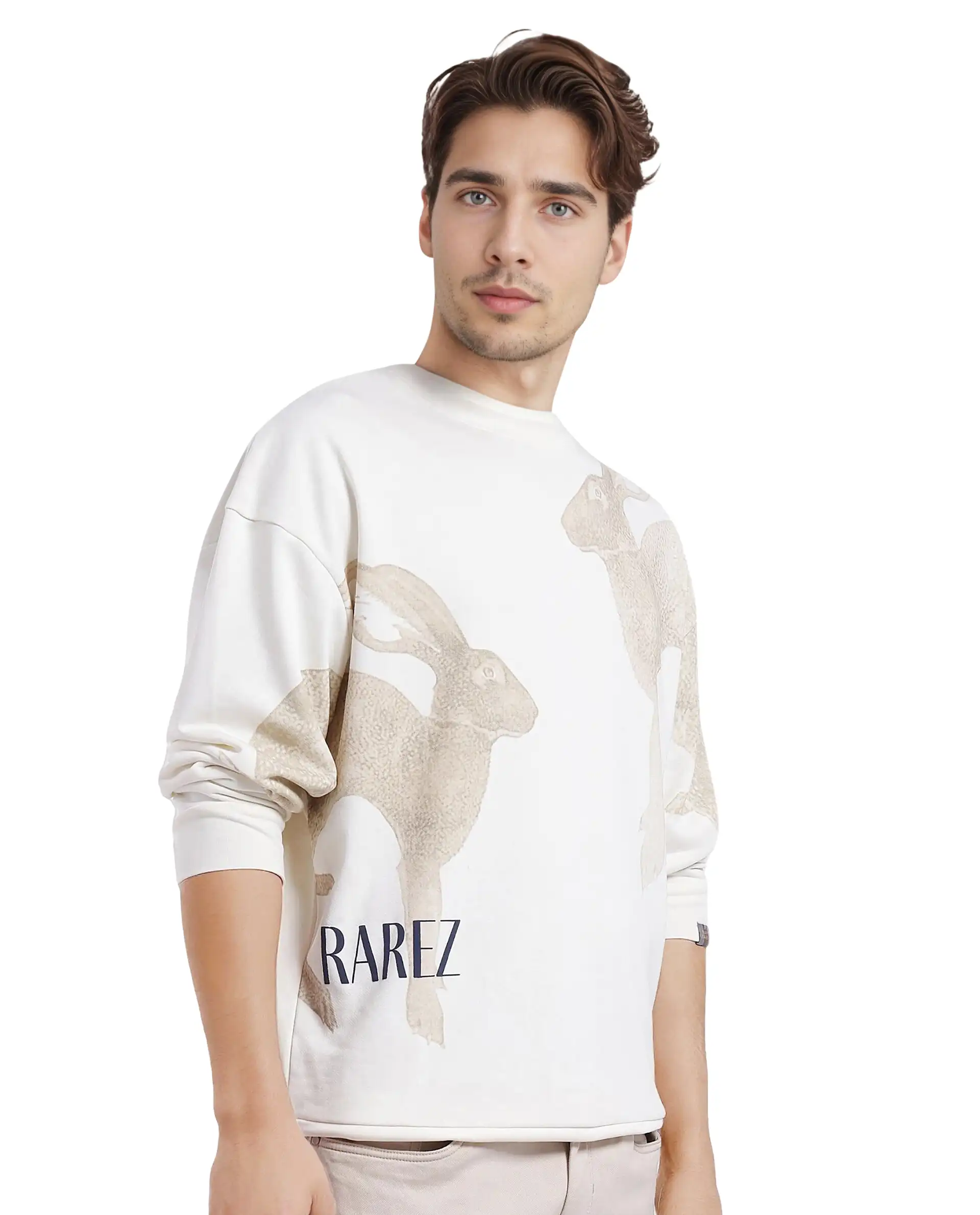 Rare Rabbit Men's Nellei Off White Cotton Animal Print Boxy Fit Full Sleeve Crew Neck Sweatshirt - Image 5