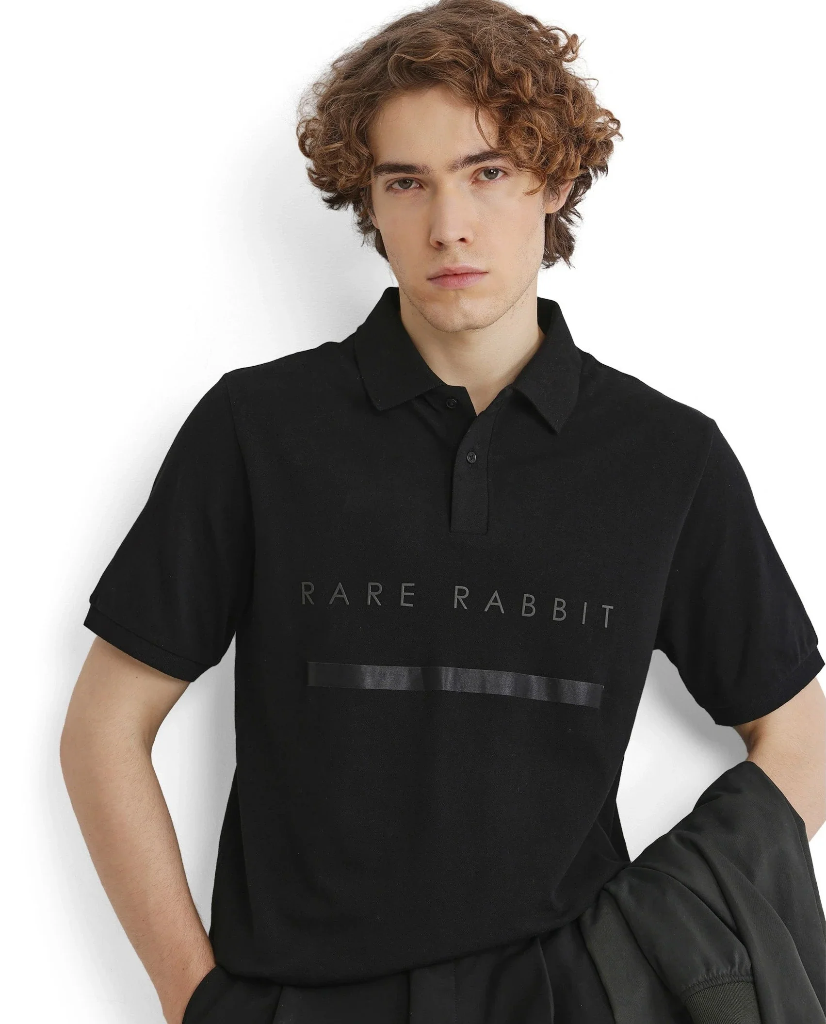 Rare Rabbit Men's Nellit Black Cotton Blend Plain Regular Fit Half Sleeve Polo
