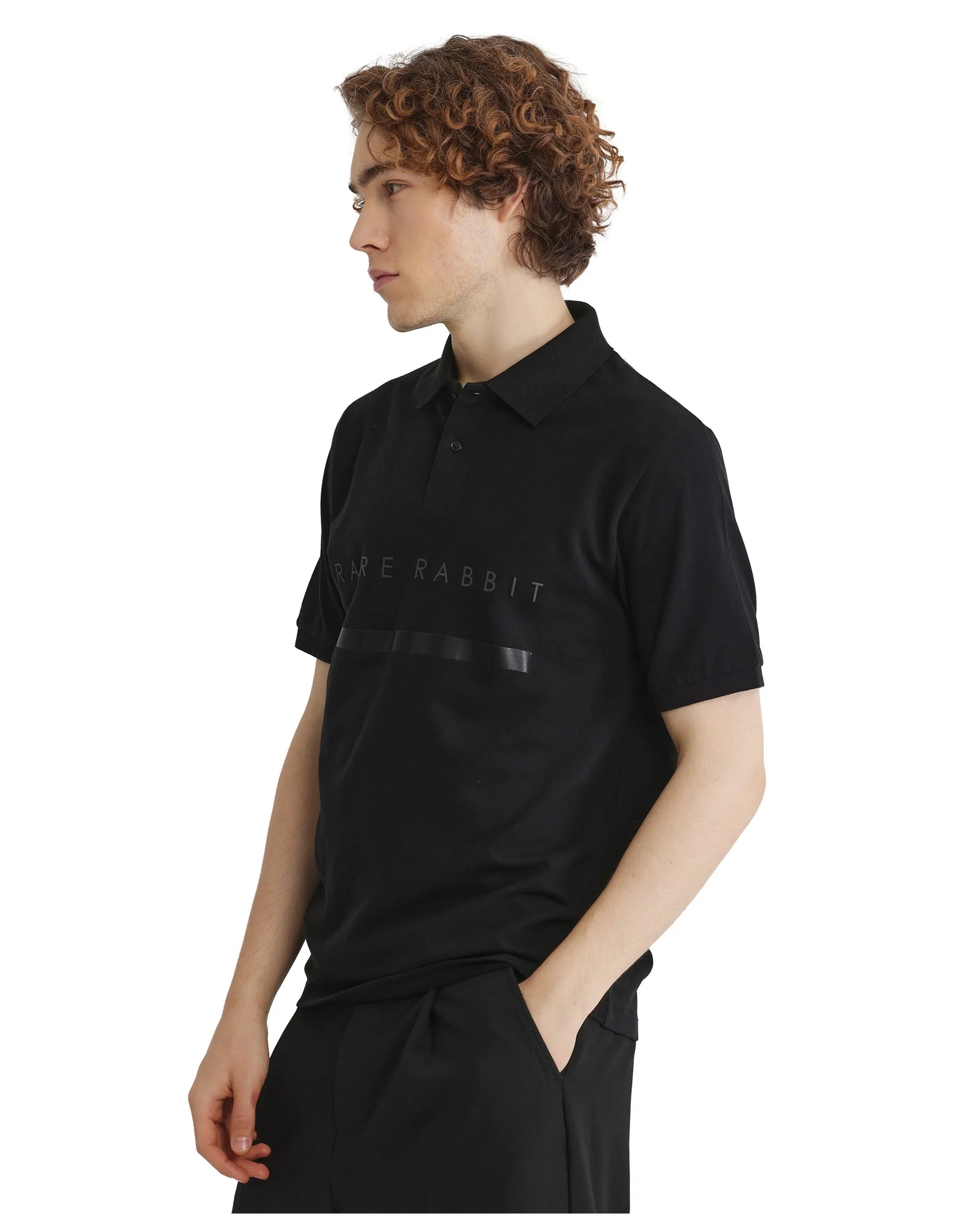 Rare Rabbit Men's Nellit Black Cotton Blend Plain Regular Fit Half Sleeve Polo - Image 4
