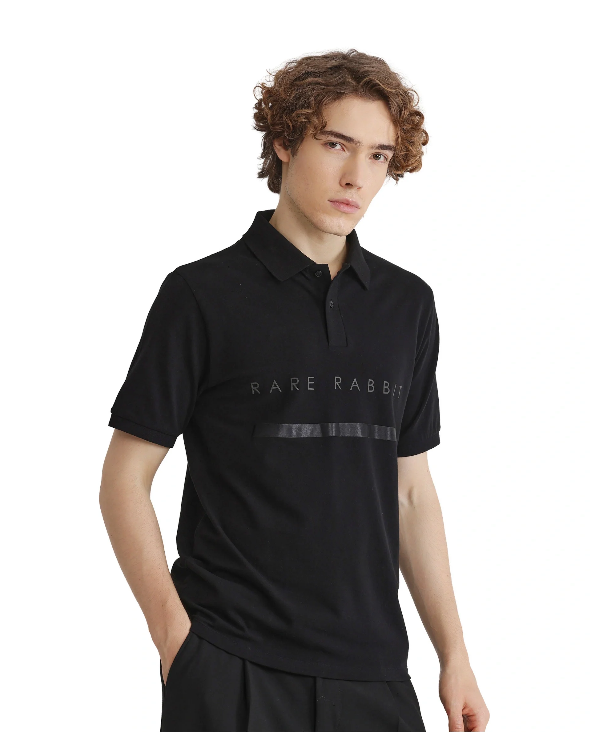 Rare Rabbit Men's Nellit Black Cotton Blend Plain Regular Fit Half Sleeve Polo - Image 5