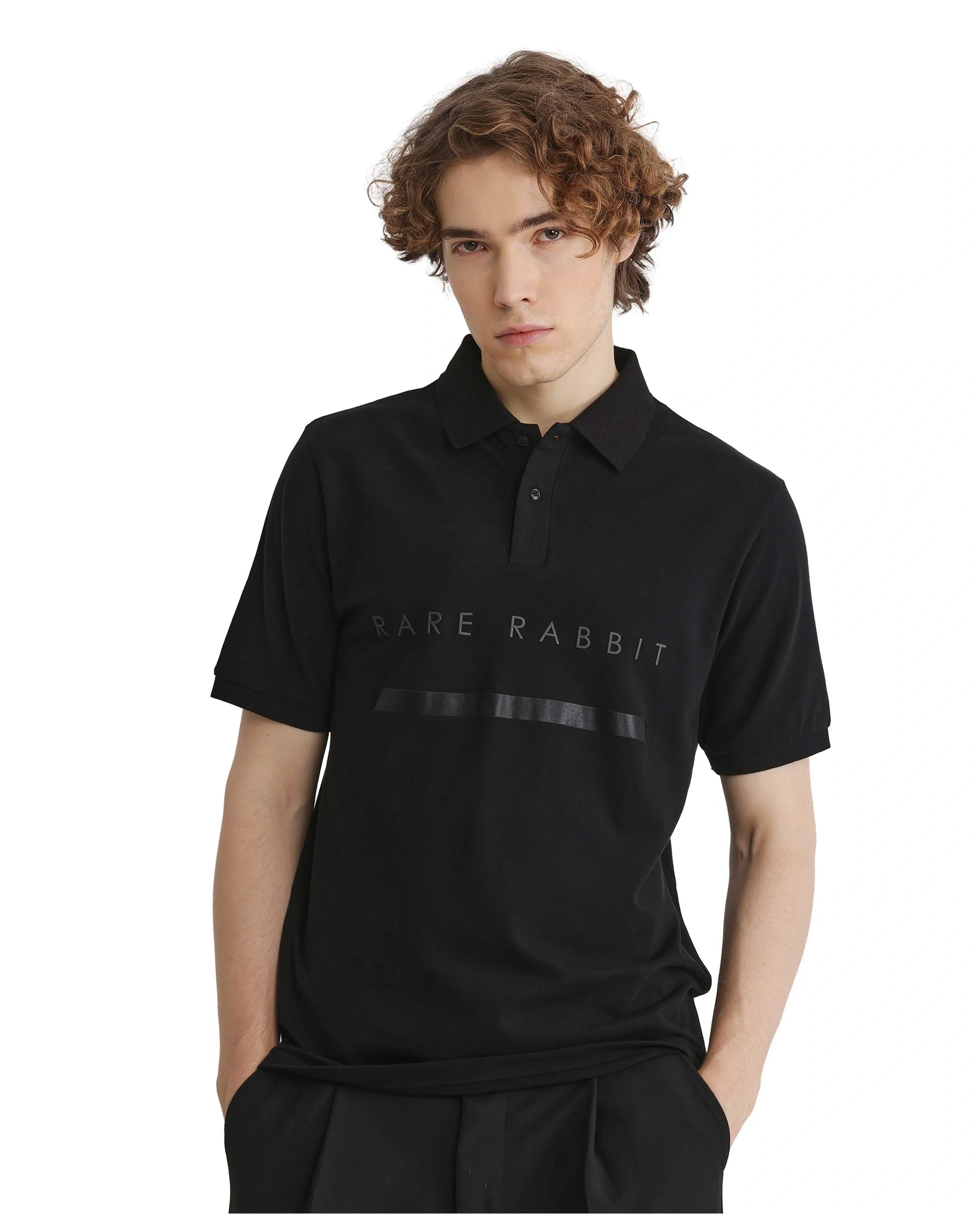 Rare Rabbit Men's Nellit Black Cotton Blend Plain Regular Fit Half Sleeve Polo - Image 6