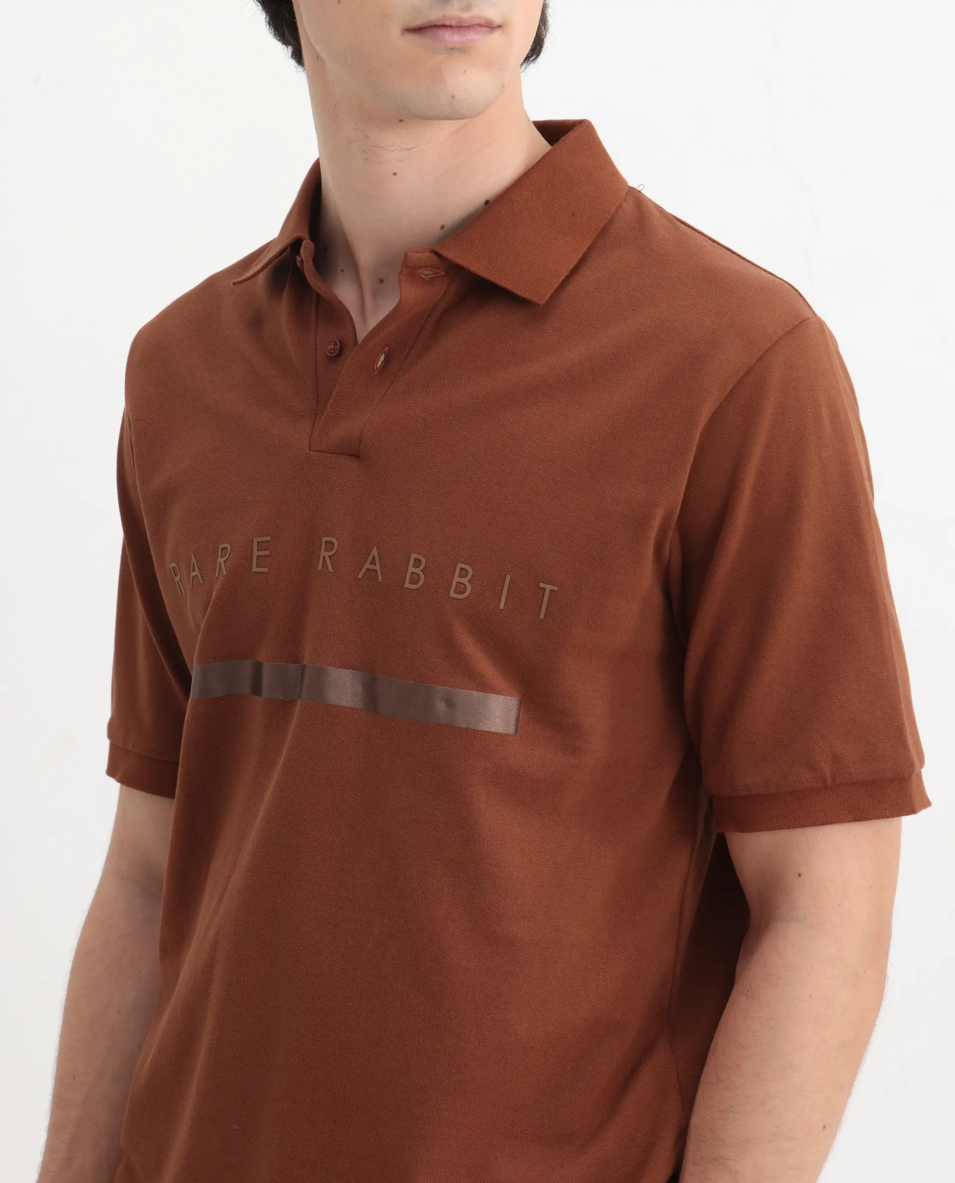 Rare Rabbit Men's Nellit Dusky Rust Cotton Blend Plain Regular Fit Half Sleeve Polo - Image 3