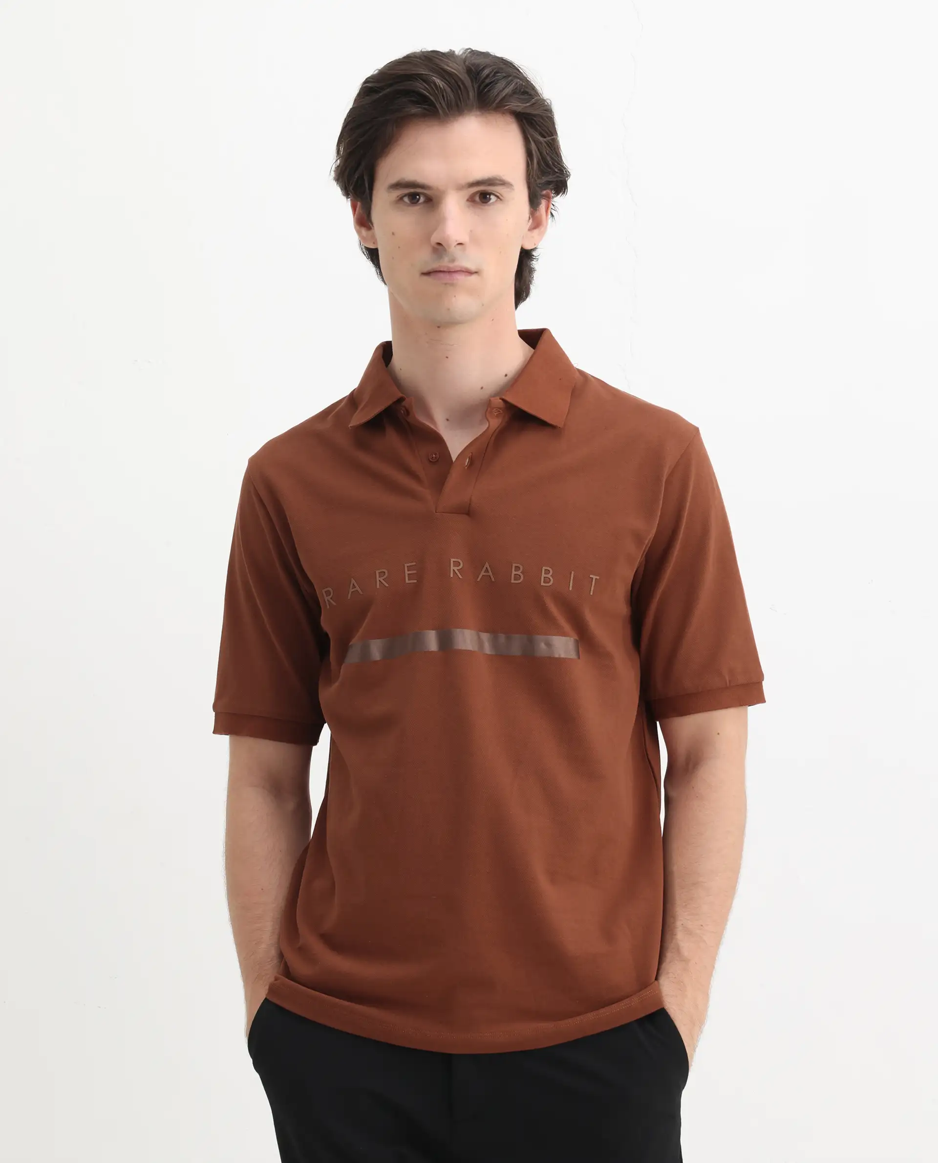Rare Rabbit Men's Nellit Dusky Rust Cotton Blend Plain Regular Fit Half Sleeve Polo - Image 4