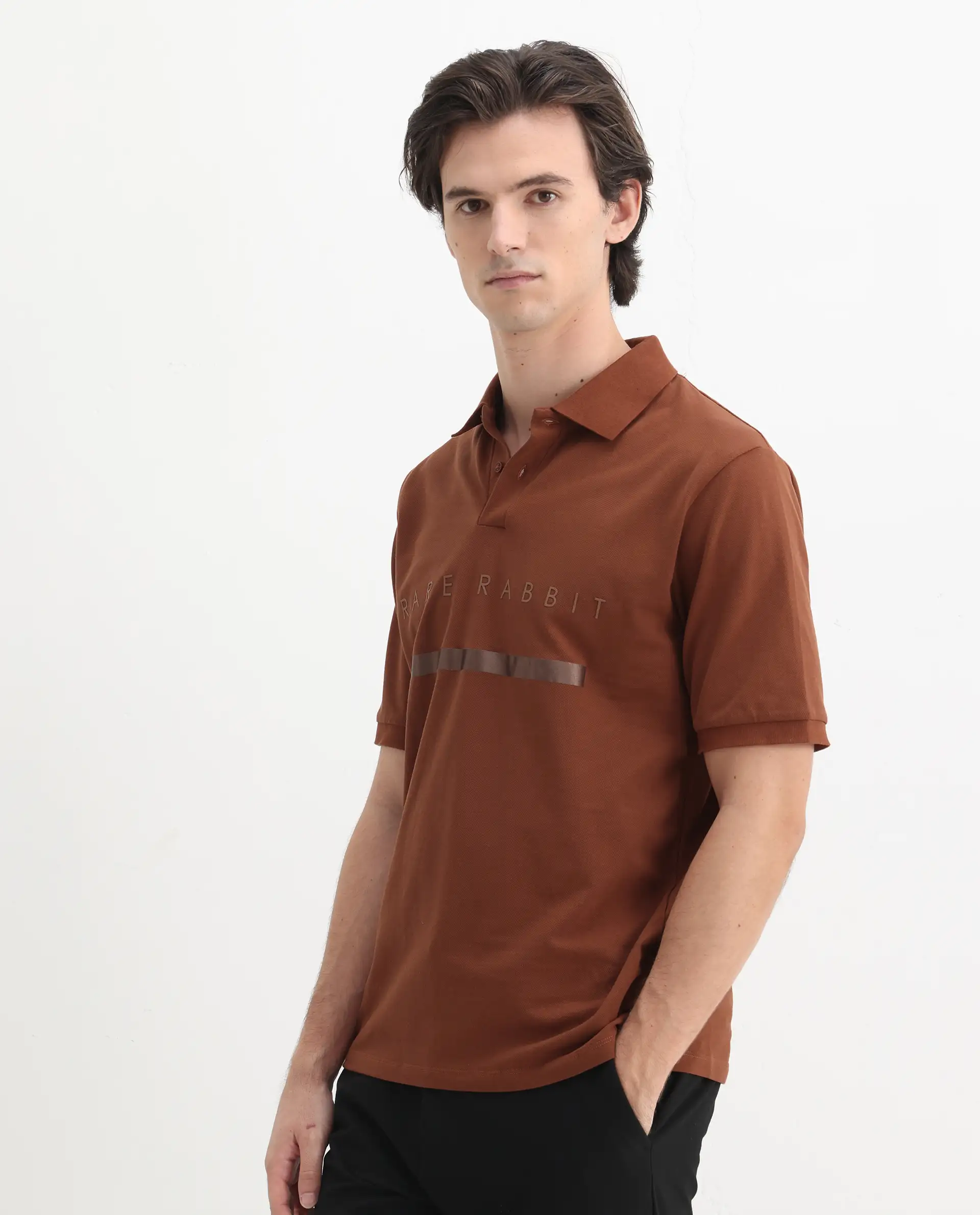 Rare Rabbit Men's Nellit Dusky Rust Cotton Blend Plain Regular Fit Half Sleeve Polo - Image 5