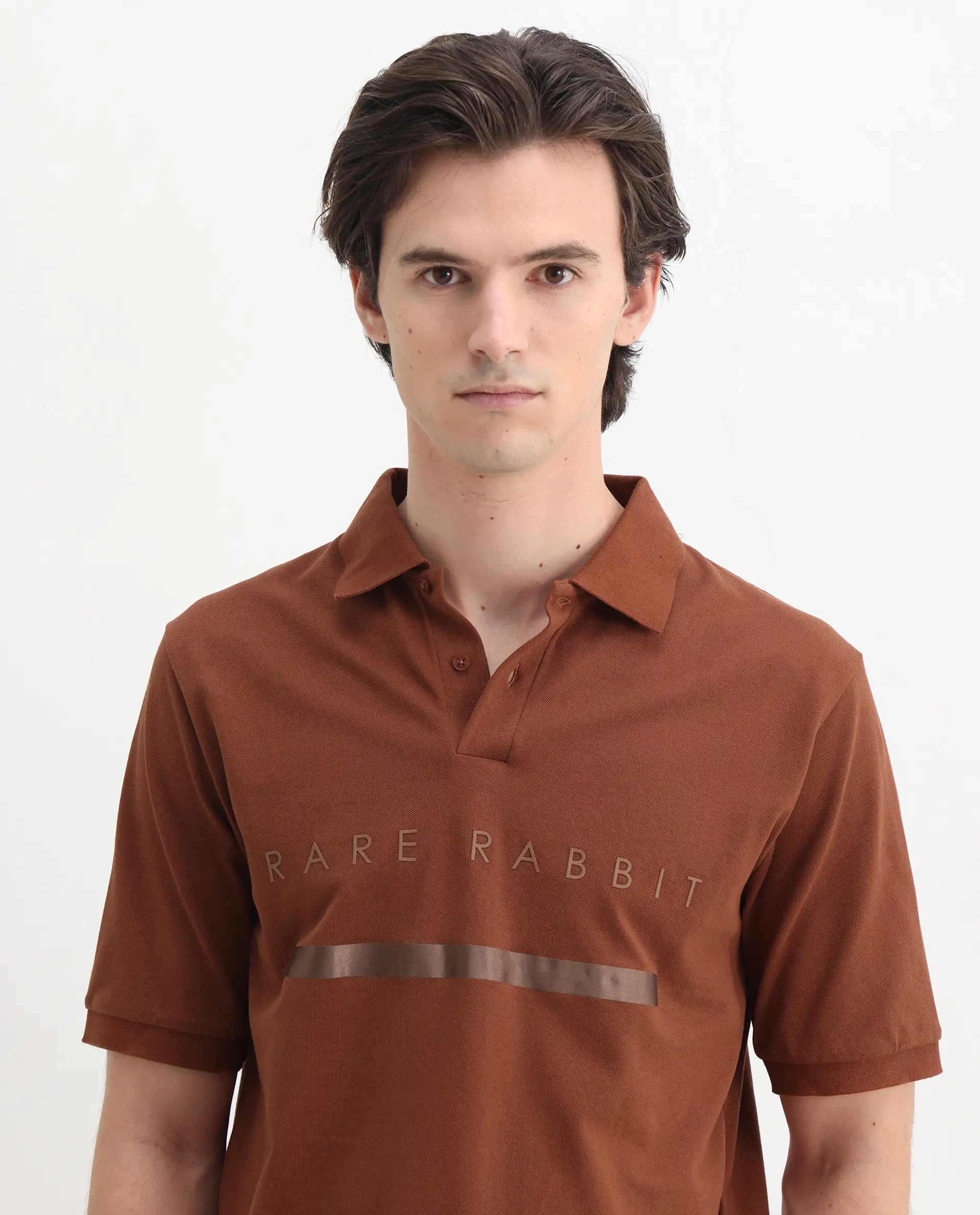 Rare Rabbit Men's Nellit Dusky Rust Cotton Blend Plain Regular Fit Half Sleeve Polo - Image 7