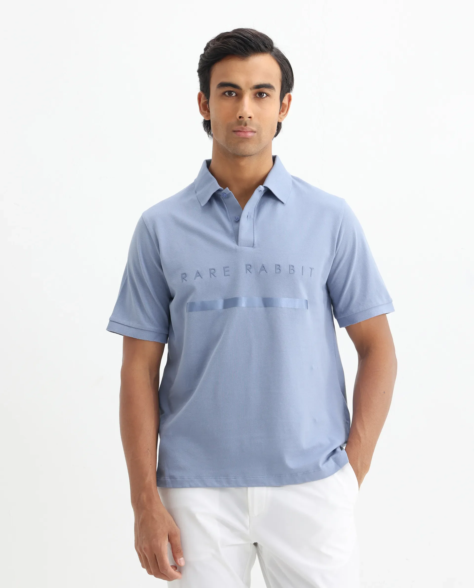Rare Rabbit Men's Nellit Pastel Blue Cotton Plain Regular Fit Half Sleeve Polo - Image 3