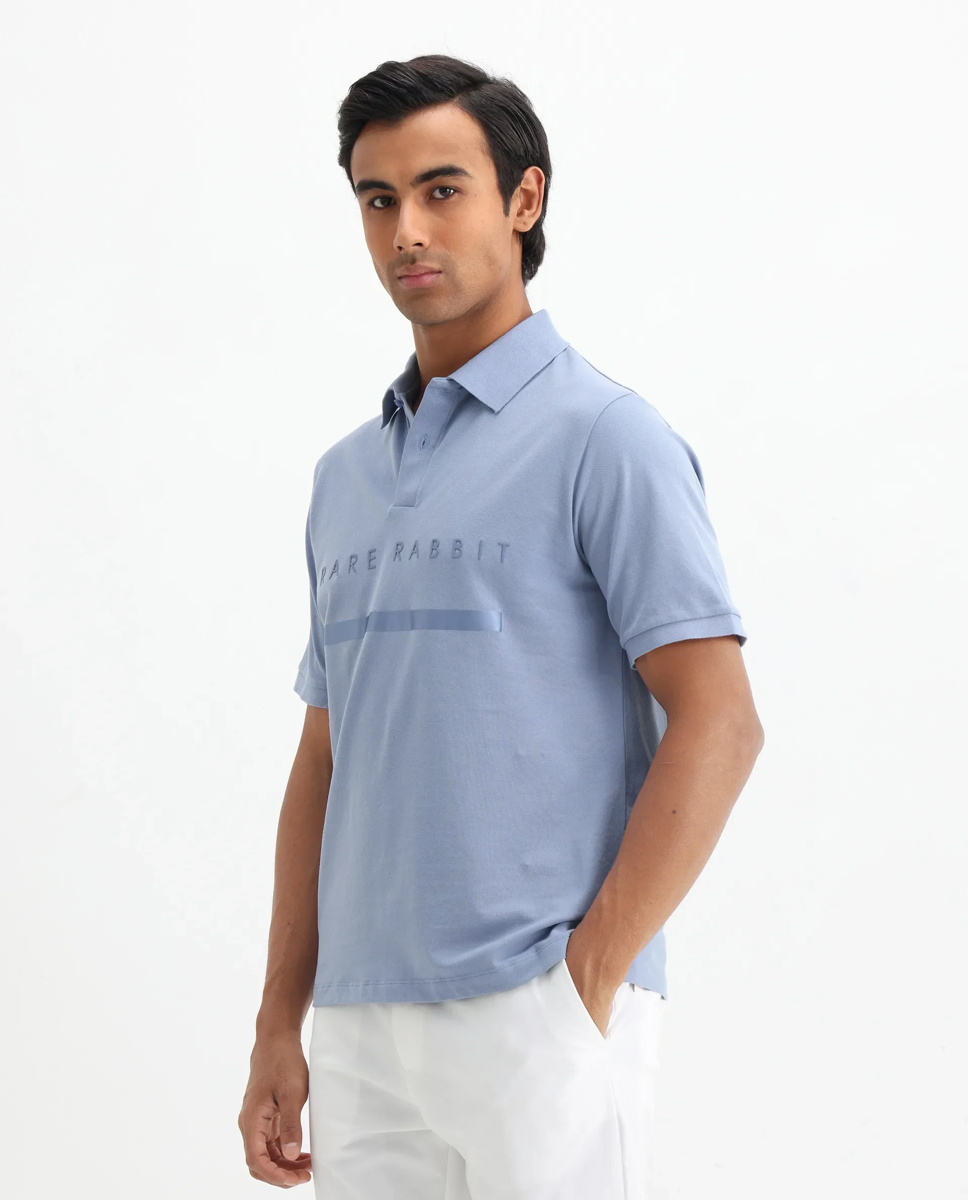 Rare Rabbit Men's Nellit Pastel Blue Cotton Plain Regular Fit Half Sleeve Polo - Image 7
