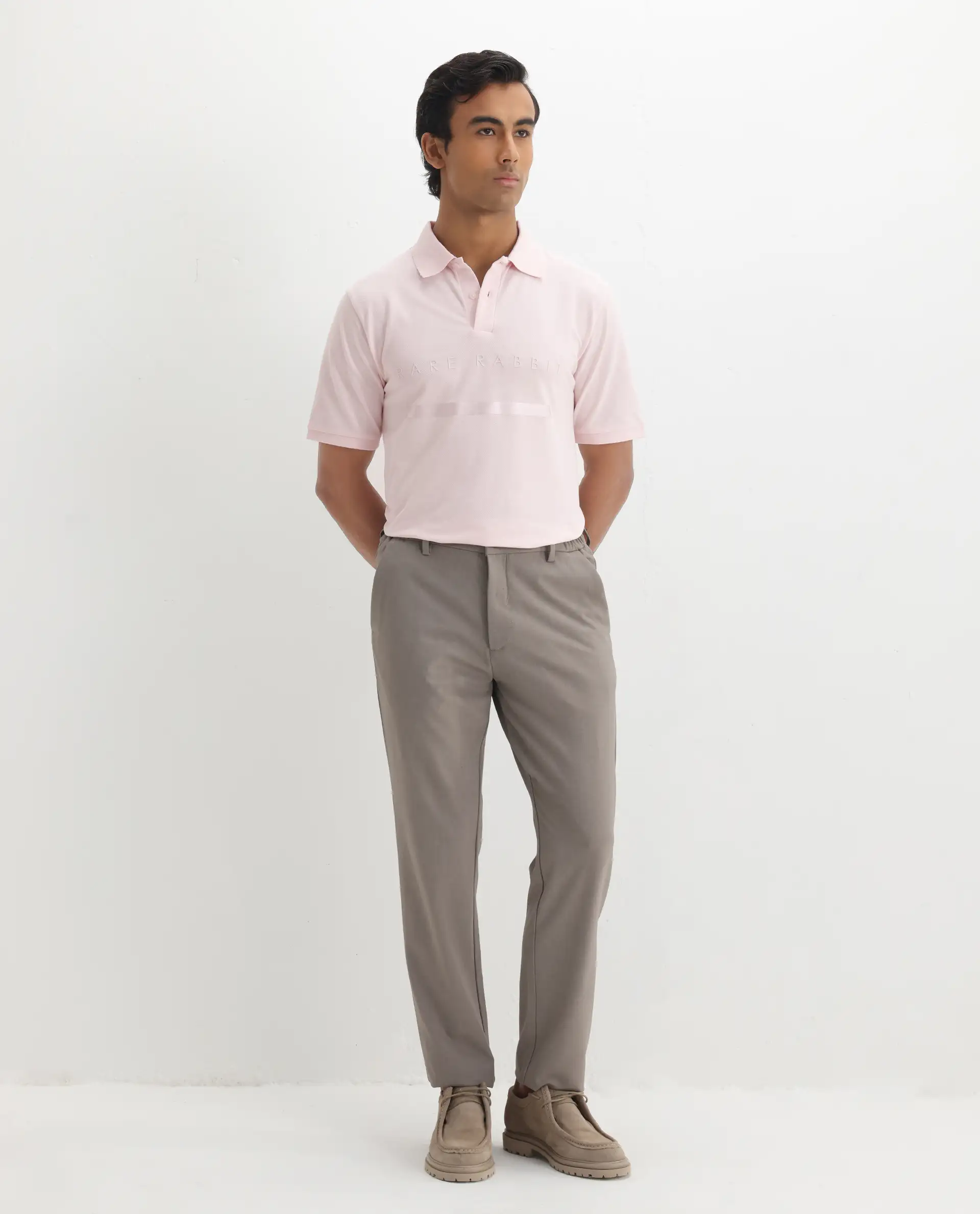 Rare Rabbit Men's Nellit Pastel Pink Cotton Plain Regular Fit Half Sleeve Polo - Image 2