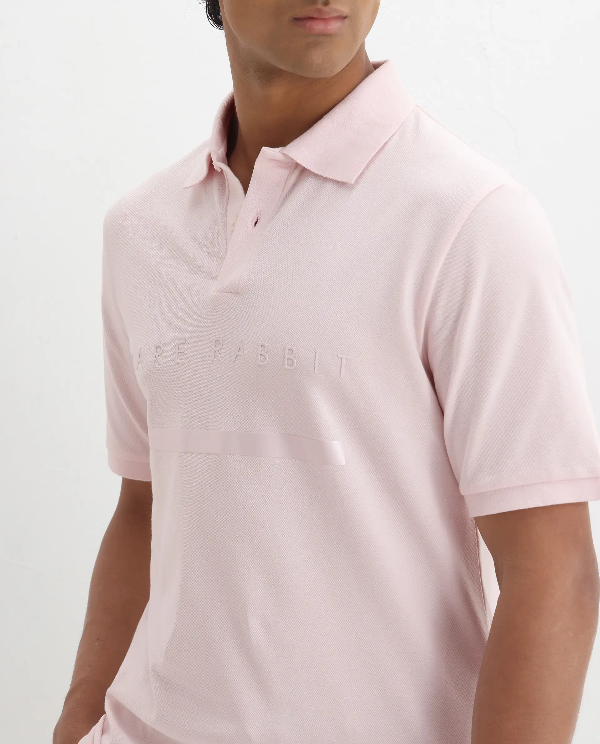 Rare Rabbit Men's Nellit Pastel Pink Cotton Plain Regular Fit Half Sleeve Polo - Image 3