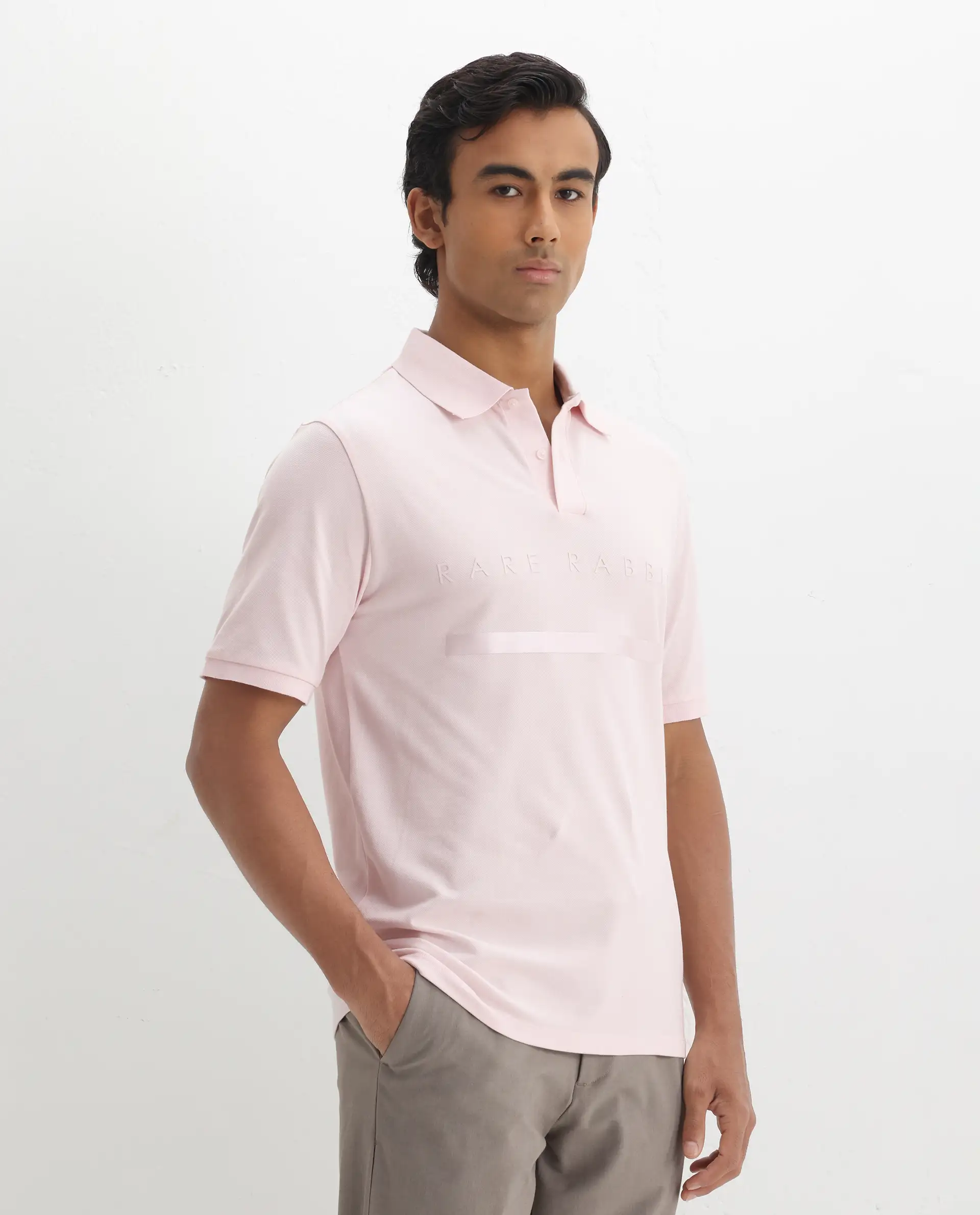 Rare Rabbit Men's Nellit Pastel Pink Cotton Plain Regular Fit Half Sleeve Polo - Image 4
