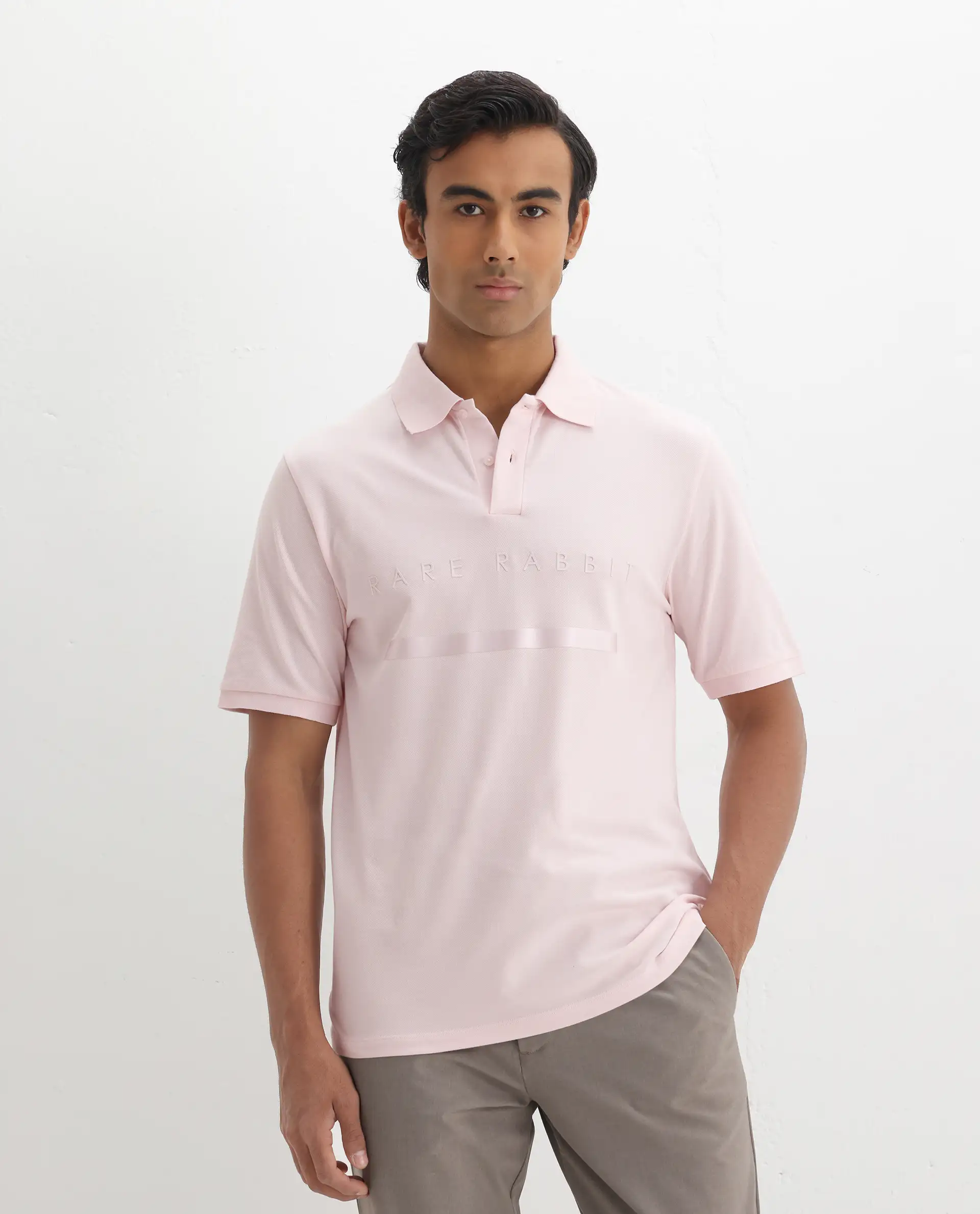 Rare Rabbit Men's Nellit Pastel Pink Cotton Plain Regular Fit Half Sleeve Polo - Image 6