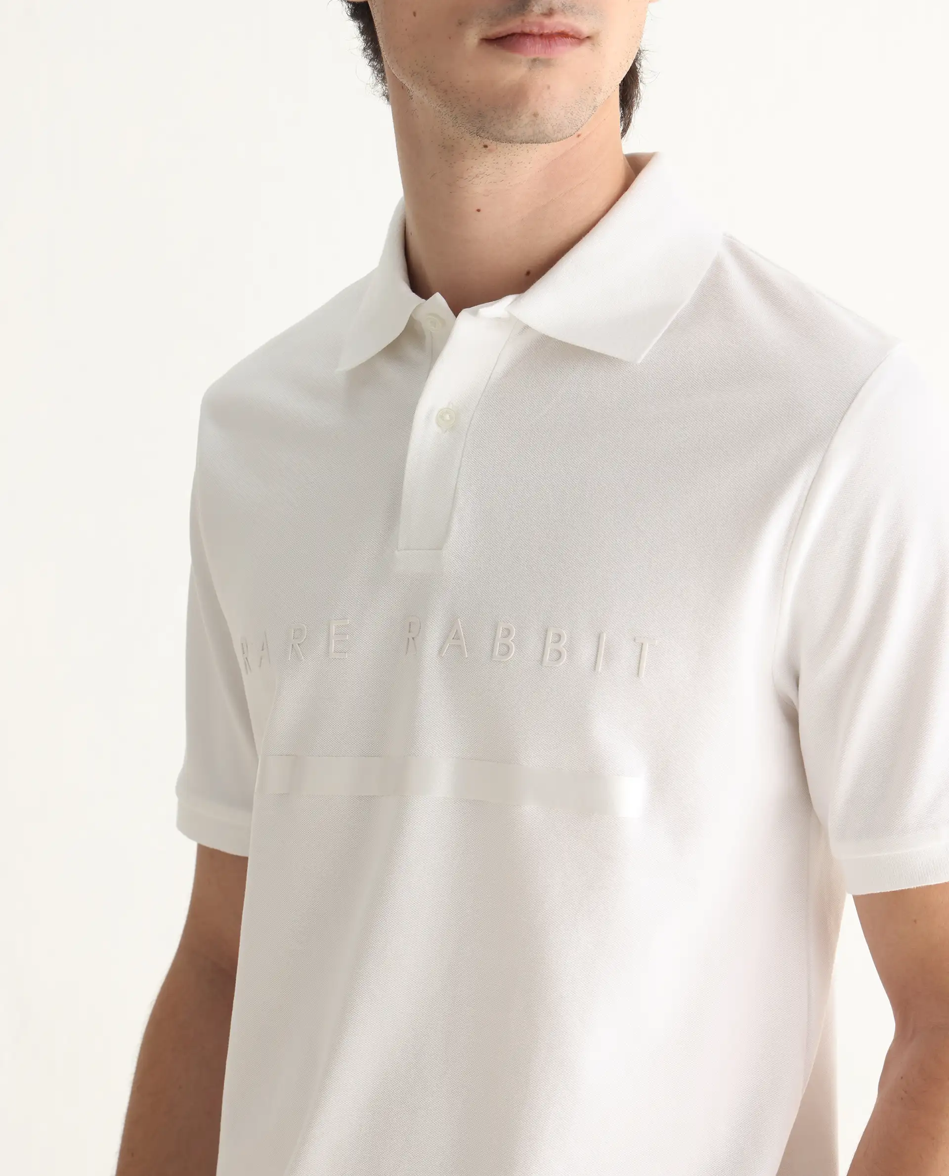Rare Rabbit Men's Nellit White Cotton Plain Regular Fit Half Sleeve Polo - Image 3