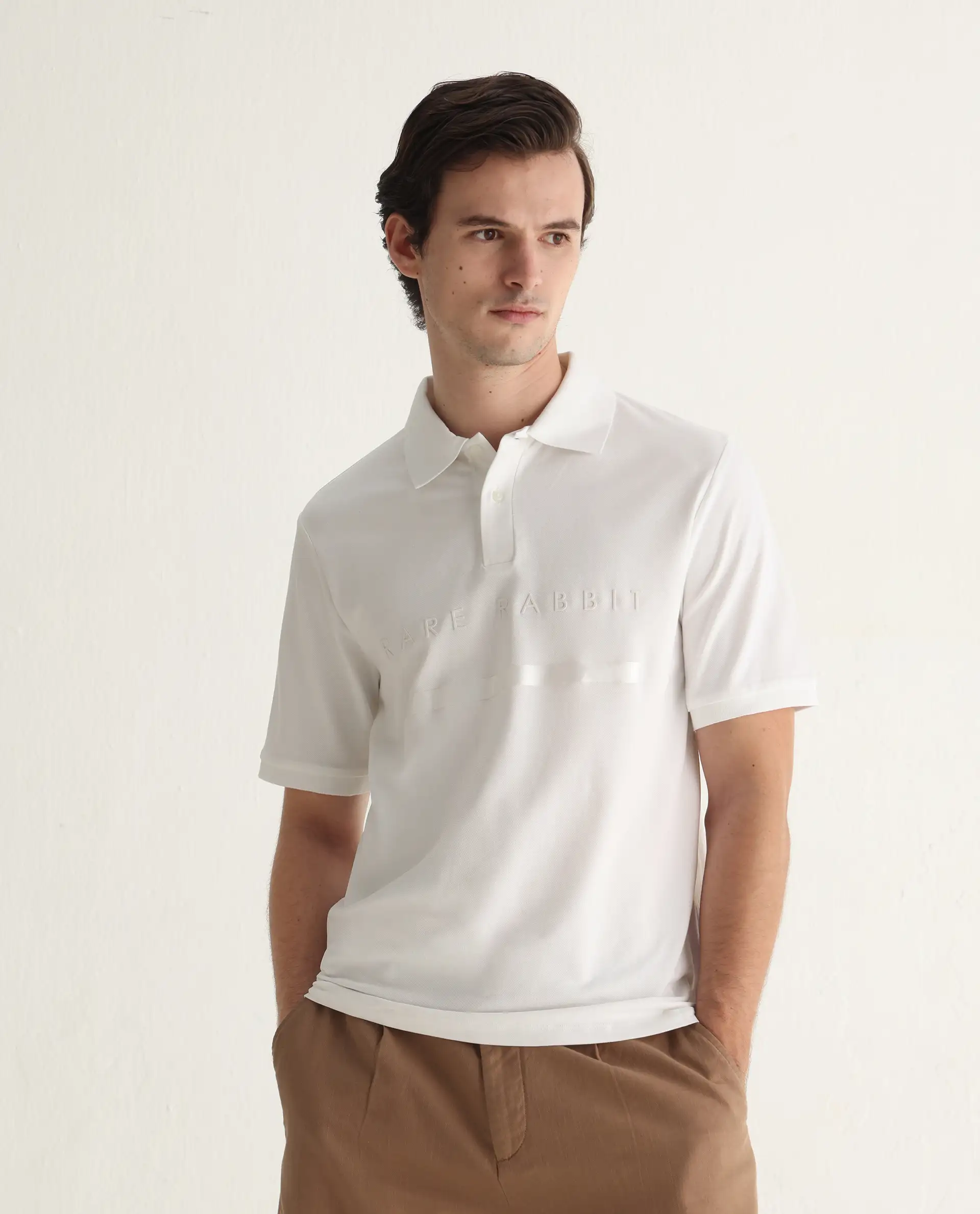 Rare Rabbit Men's Nellit White Cotton Plain Regular Fit Half Sleeve Polo - Image 5
